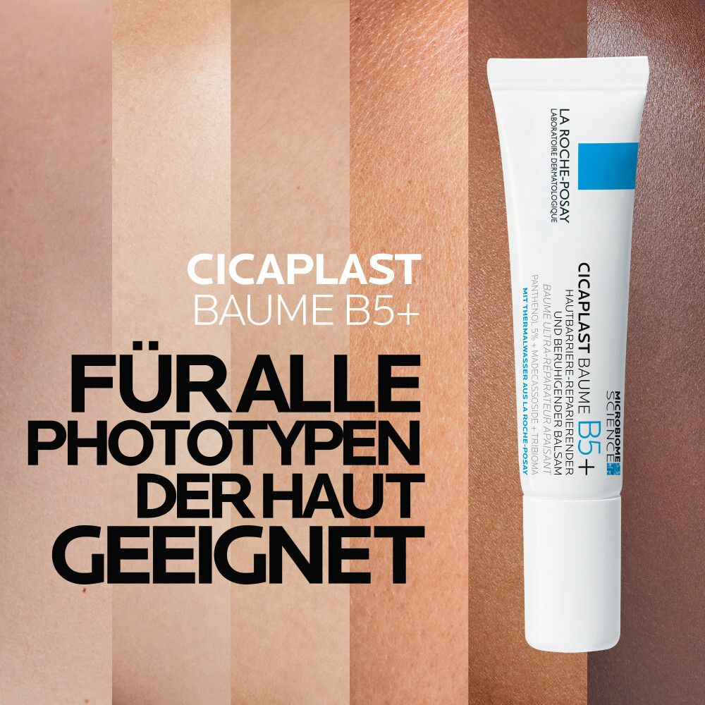 Tube neben Hauttönen. Text: Cicaplast Baume B5+. Für alle Hauttypen geeignet.