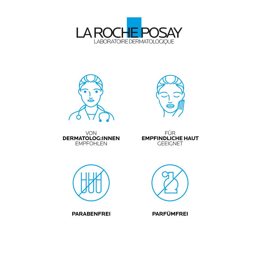 Logo La Roche-Posay. Text: Von Dermatologen empfohlen, für empfindliche Haut geeignet. Parabenfrei, parfümfrei.