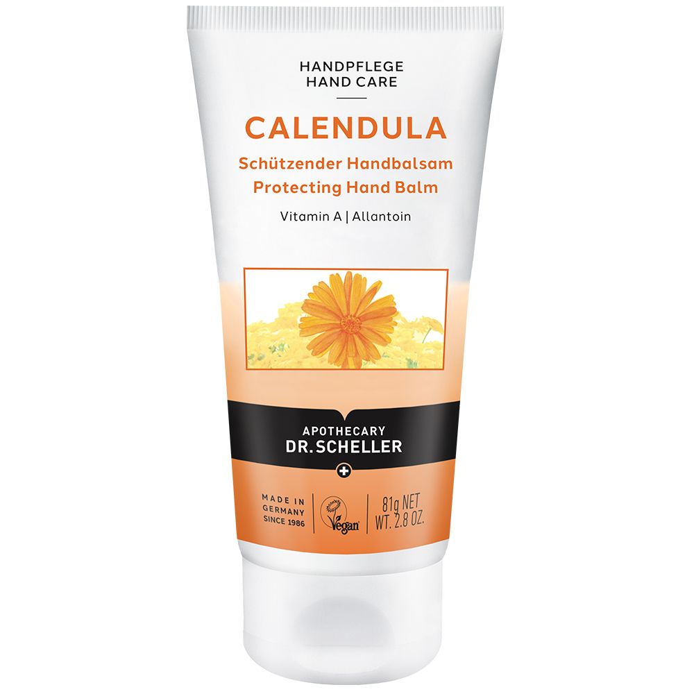 Weiße Tube mit CALENDULA Handbalsam. Orangefarbene Grafik mit Blüte. Schwarzer Streifen mit Apotheken-Logo. Vegan-Siegel.