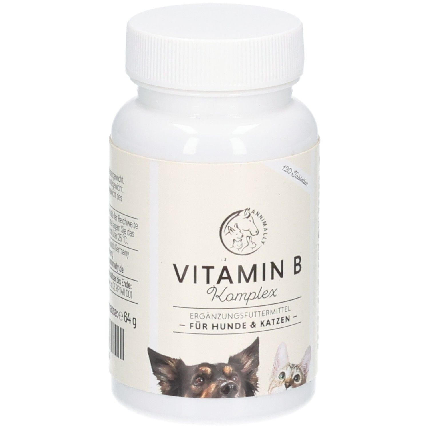 Weiße Dose mit Annimally Vitamin B Komplex für Hunde & Katzen, 120 Tabletten.