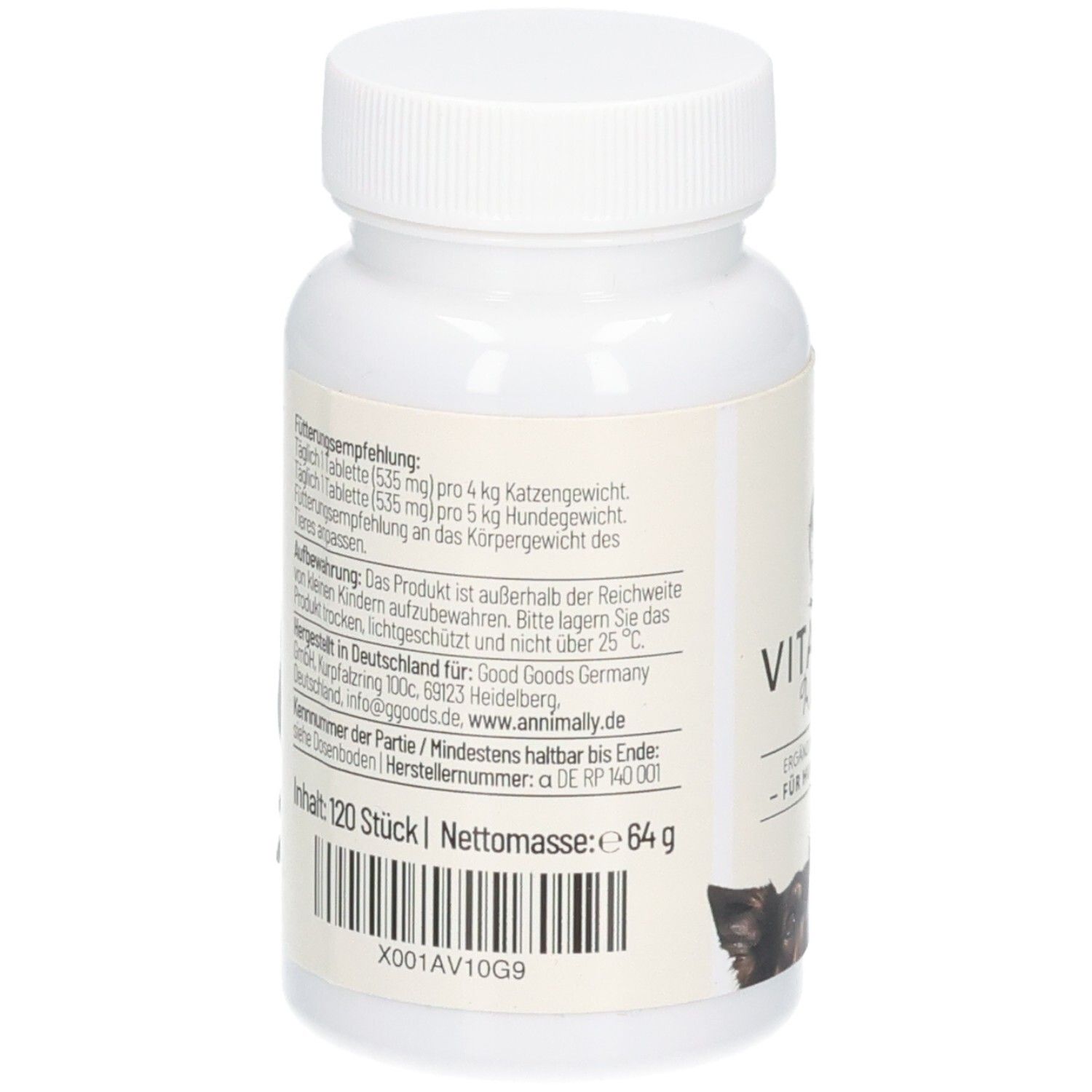 Rückseite einer Dose Annimally Vitamin B Komplex mit Dosierung und Lagerungshinweisen.
