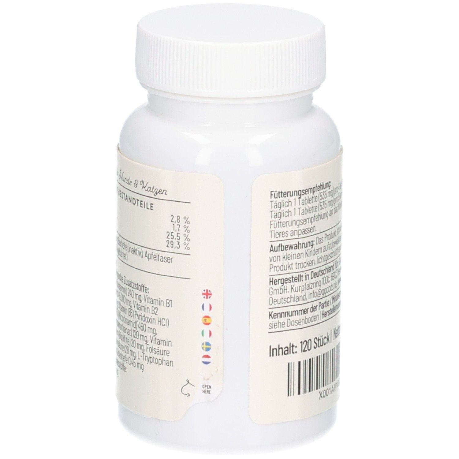 Seite einer Dose Annimally Vitamin B Komplex mit Zutatenliste und Anwendungshinweisen.