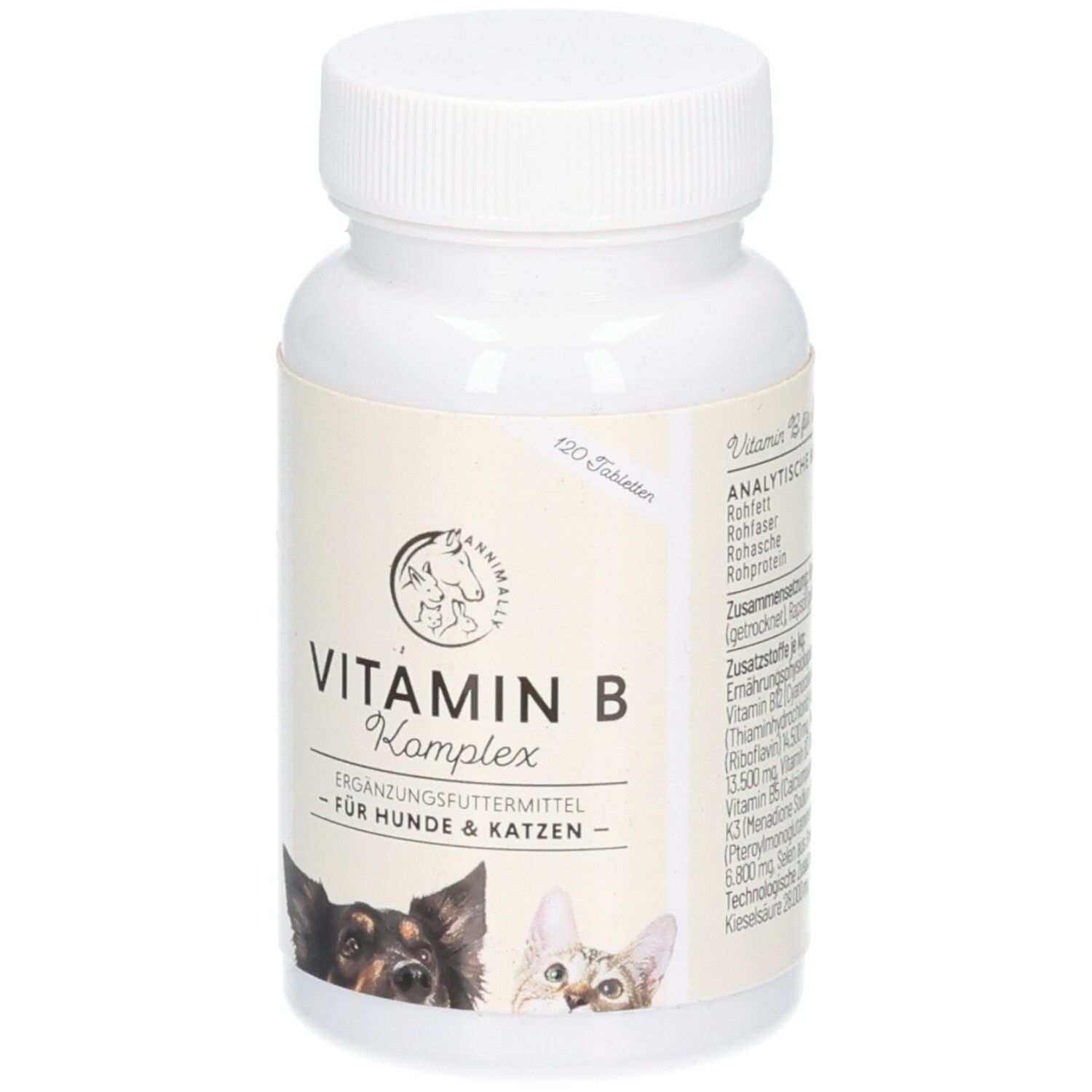 Dose Annimally Vitamin B Komplex für Hunde & Katzen, 120 Tabletten, mit Hunde- und Katzenbild.