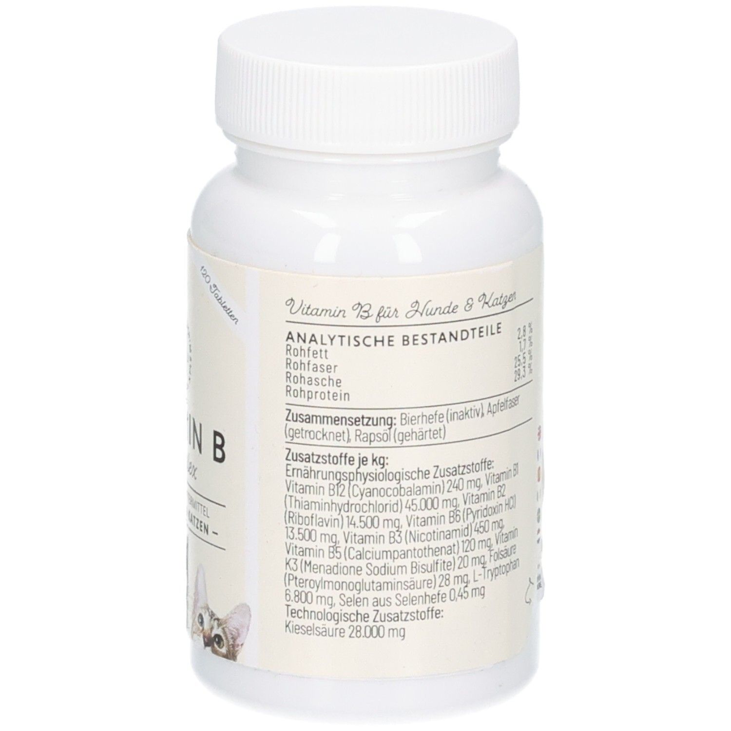 Detailansicht der Inhaltsstoffe auf der Rückseite der Dose Annimally Vitamin B Komplex.