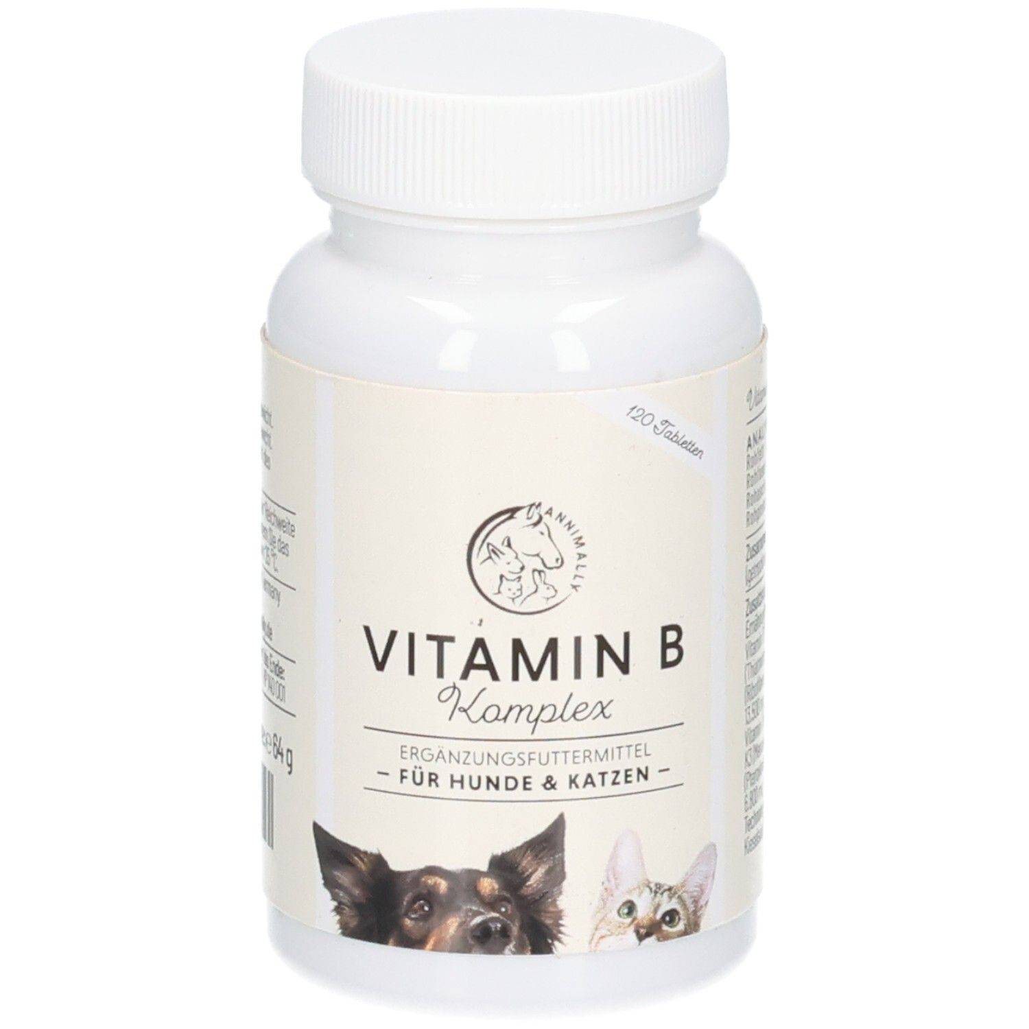Dose Annimally Vitamin B Komplex für Hunde & Katzen, 120 Tabletten, mit Hunde- und Katzenbild.