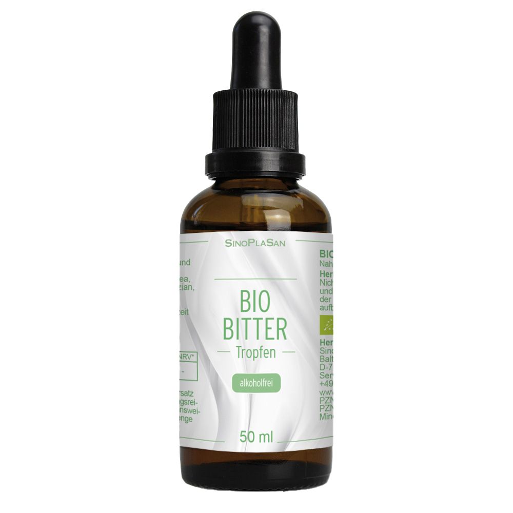 Braune Glasflasche mit schwarzem Tropfer. Aufkleber mit Produktbezeichnung BIO Bitter Tropfen und 50 ml. Alkohol frei.