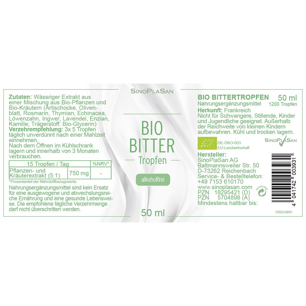 Etikett mit Produktinformationen. BIO Bitter Tropfen, 50 ml, Zutaten, Nährwertangaben, Hersteller, Haltbarkeit, Bio-Siegel.