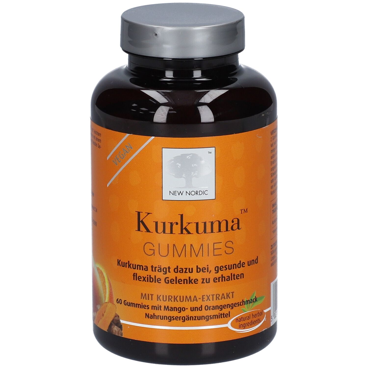 Braune Flasche mit Kurkuma Gummies. Aufschrift: New Nordic, Kurkuma Gummies. 60 Gummies, Mango- und Orangengeschmack.