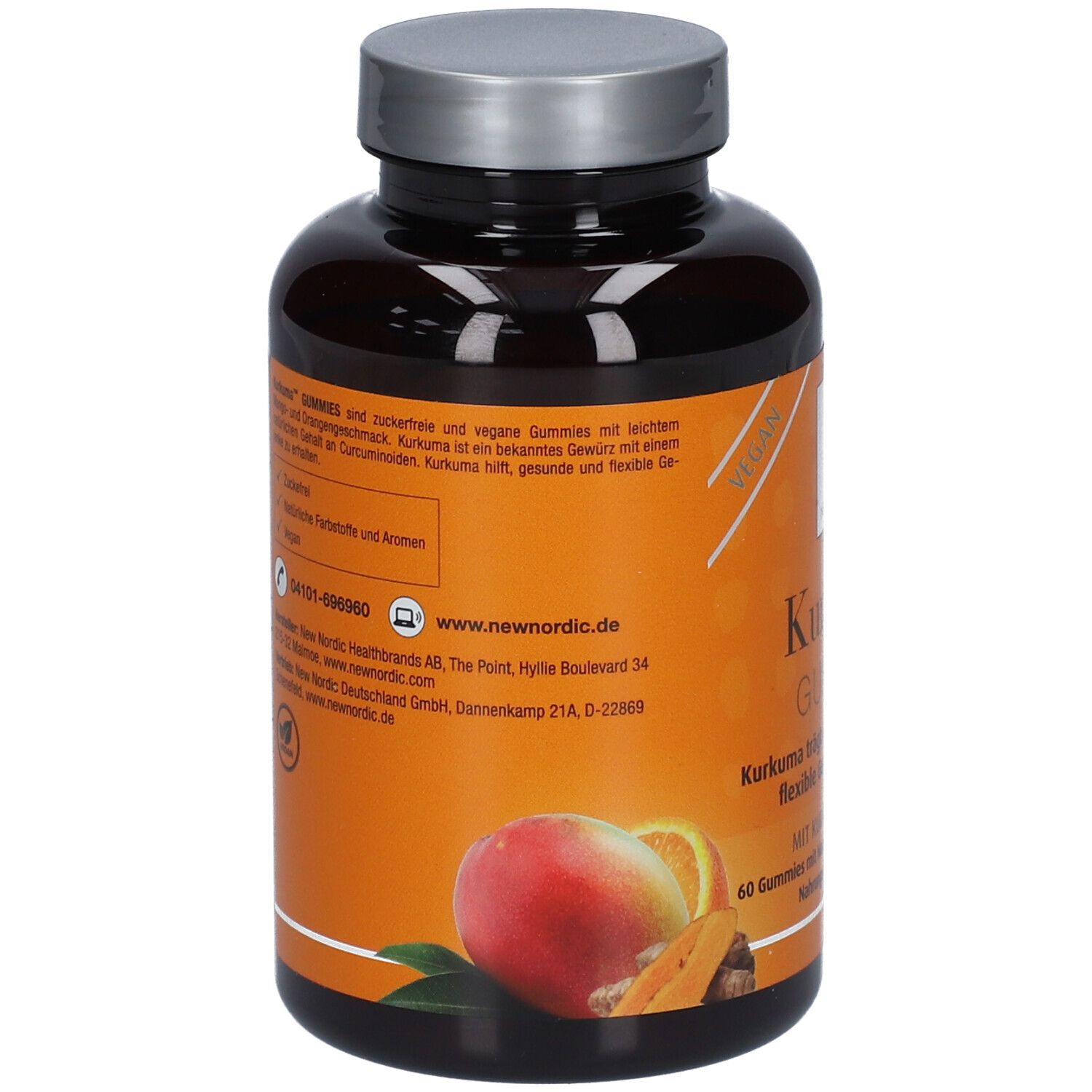 Rückseite der Flasche mit Kurkuma Gummies. Text: Kurkuma Gummies, 60 Gummies. Abbildung von Mango und Orange. Website-Adresse.