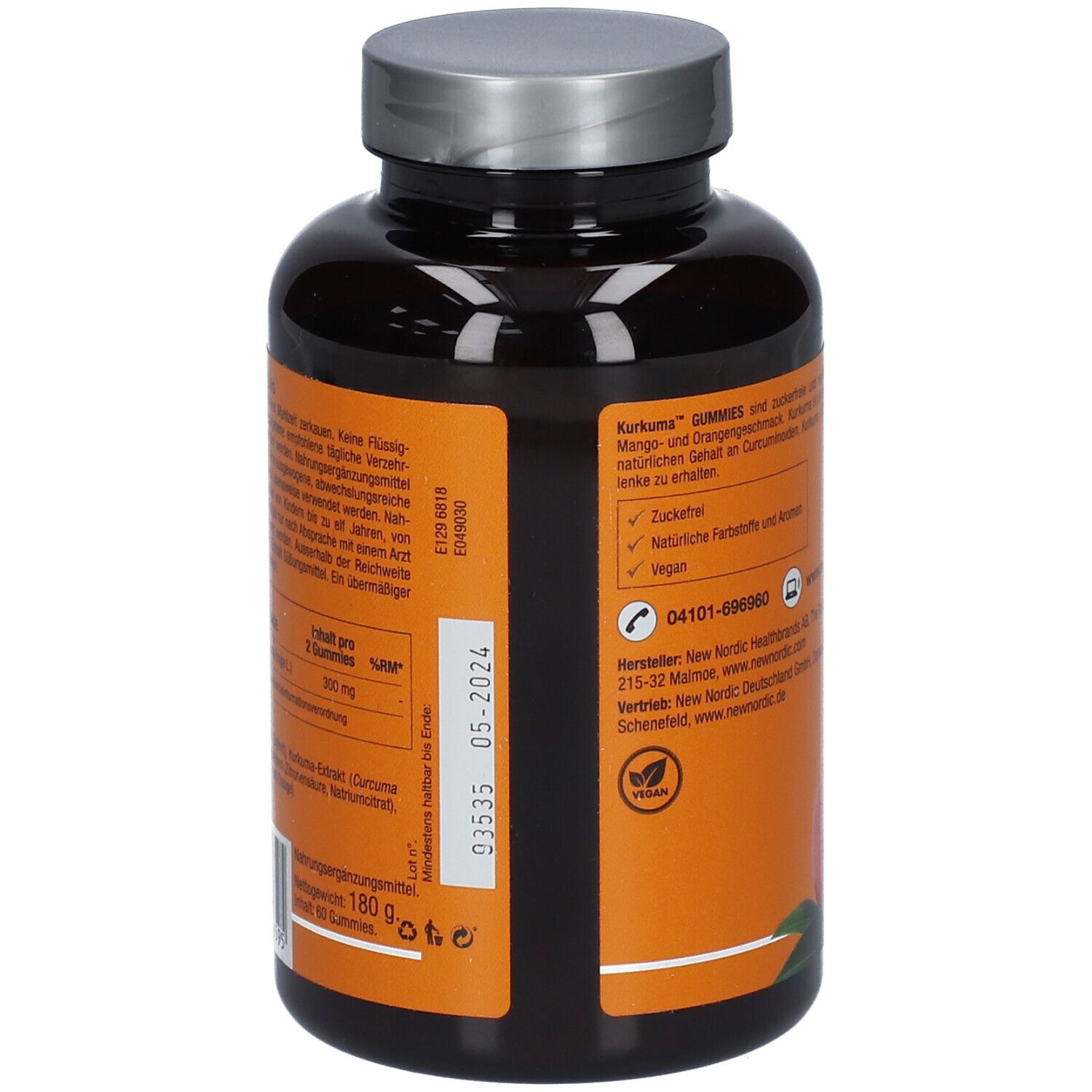 Rückseite der Flasche mit Kurkuma Gummies. Text: Kurkuma Gummies, vegan, zuckerfrei. Haltbarkeit. Hersteller- und Kontaktinformationen.