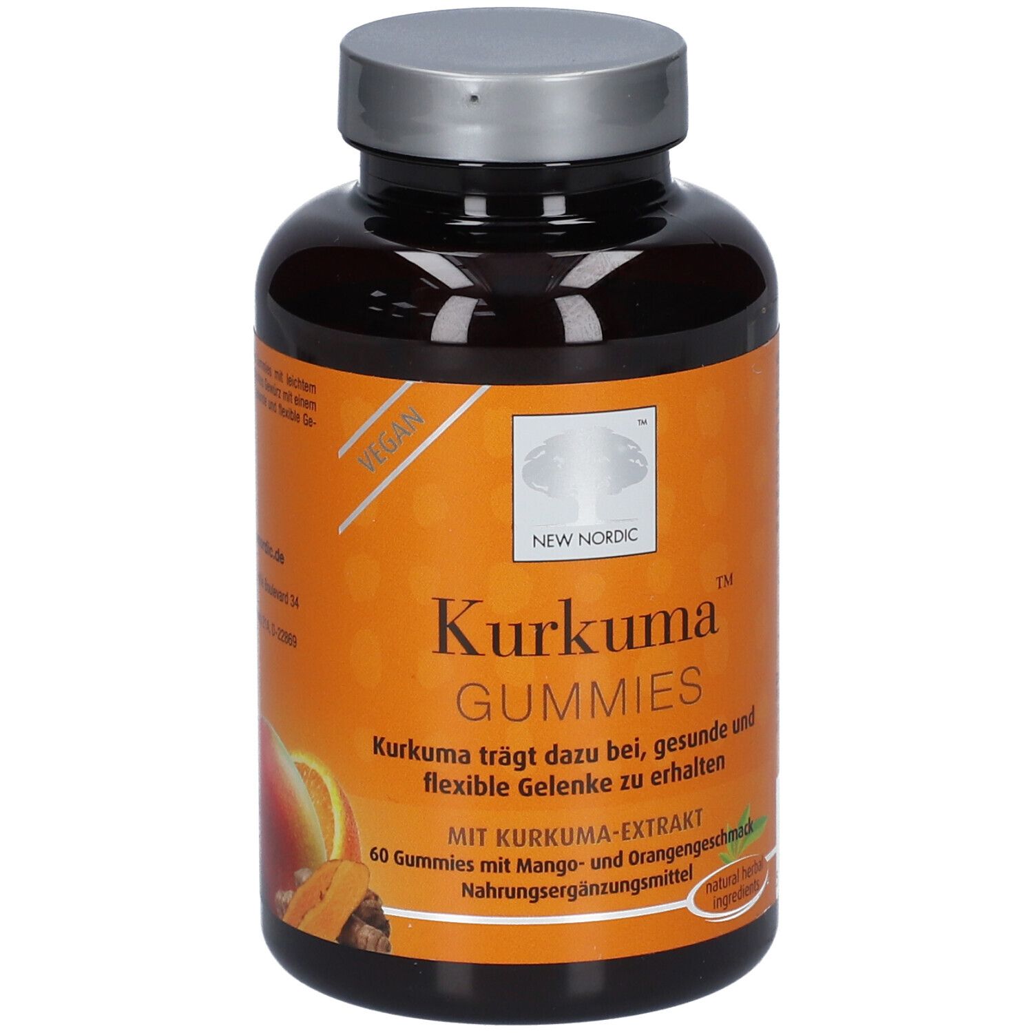 Braune Flasche mit Kurkuma Gummies. Aufschrift: New Nordic, Kurkuma Gummies. 60 Gummies, Mango- und Orangengeschmack. Vegan-Siegel.