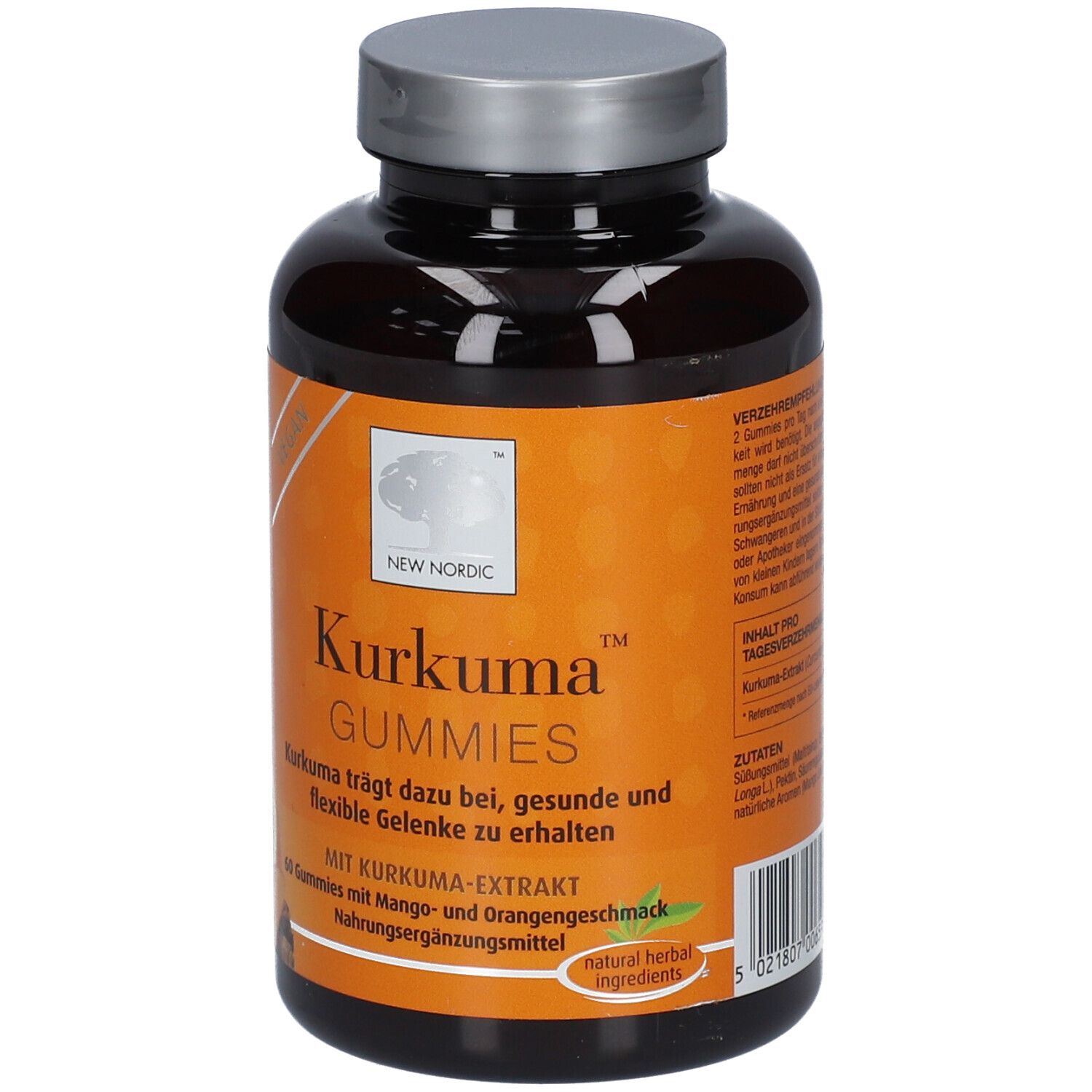 Braune Flasche mit Kurkuma Gummies. Aufschrift: New Nordic, Kurkuma Gummies. 60 Gummies, Mango- und Orangengeschmack. Barcode.