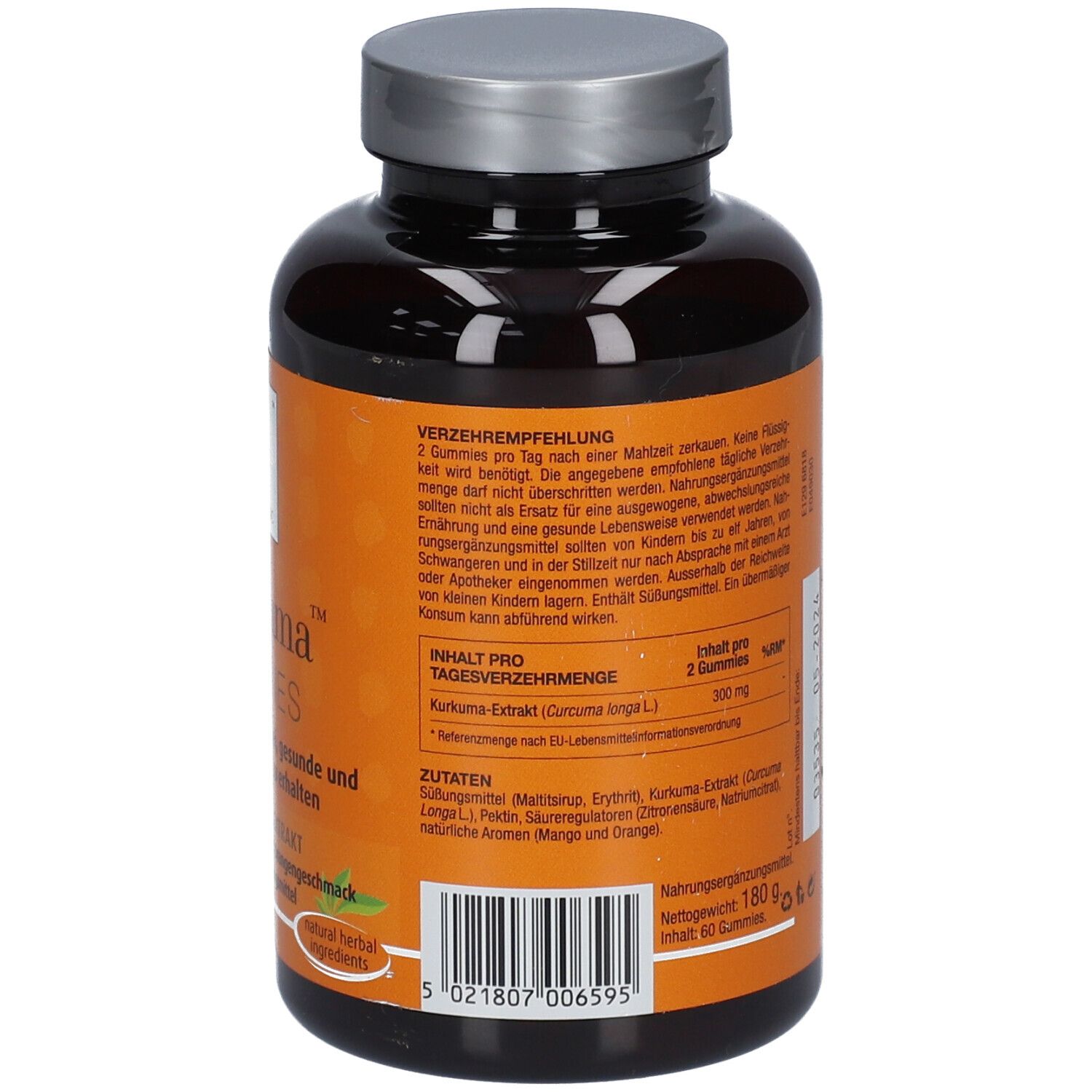 Rückseite der Flasche mit Kurkuma Gummies. Text: Kurkuma Gummies, Inhaltsstoffe, Verzehrempfehlung. Barcode. Nettofüllmenge: 180g.