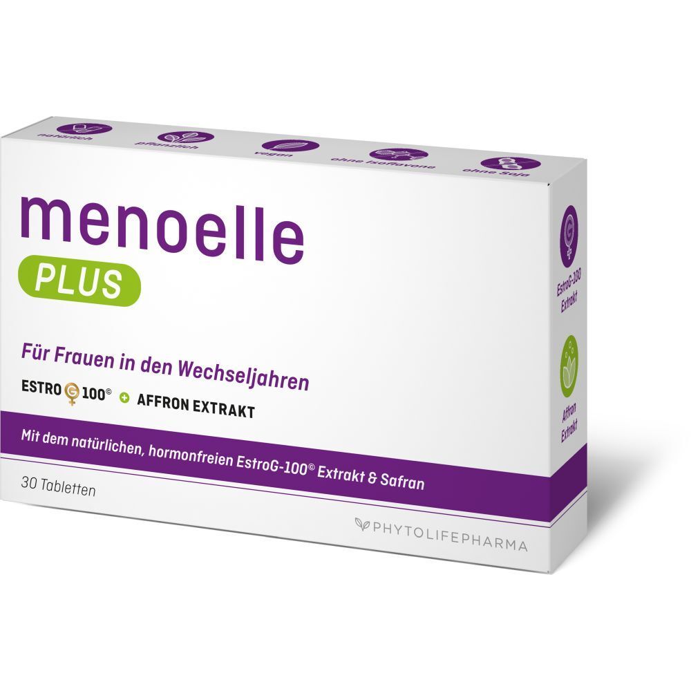 Boîte blanche avec le texte "menoelle PLUS". Contient 30 comprimés. Inscription : Pour les femmes en ménopause. Avec extrait d'EstroG-100.