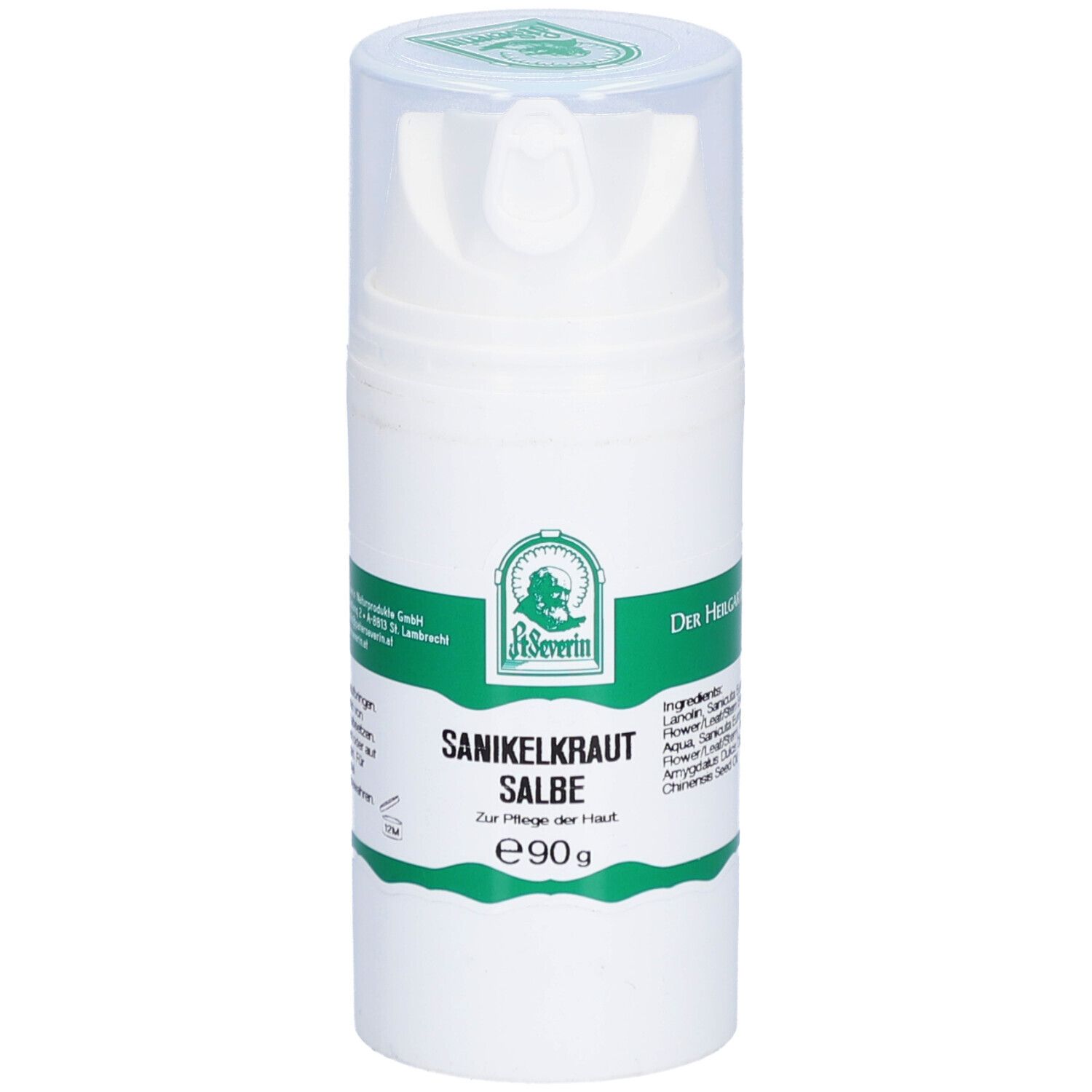 Tube blanche avec étiquette verte. Inscription: Sanikelkraut Salbe. Avec tête de dosage et couvercle transparent.