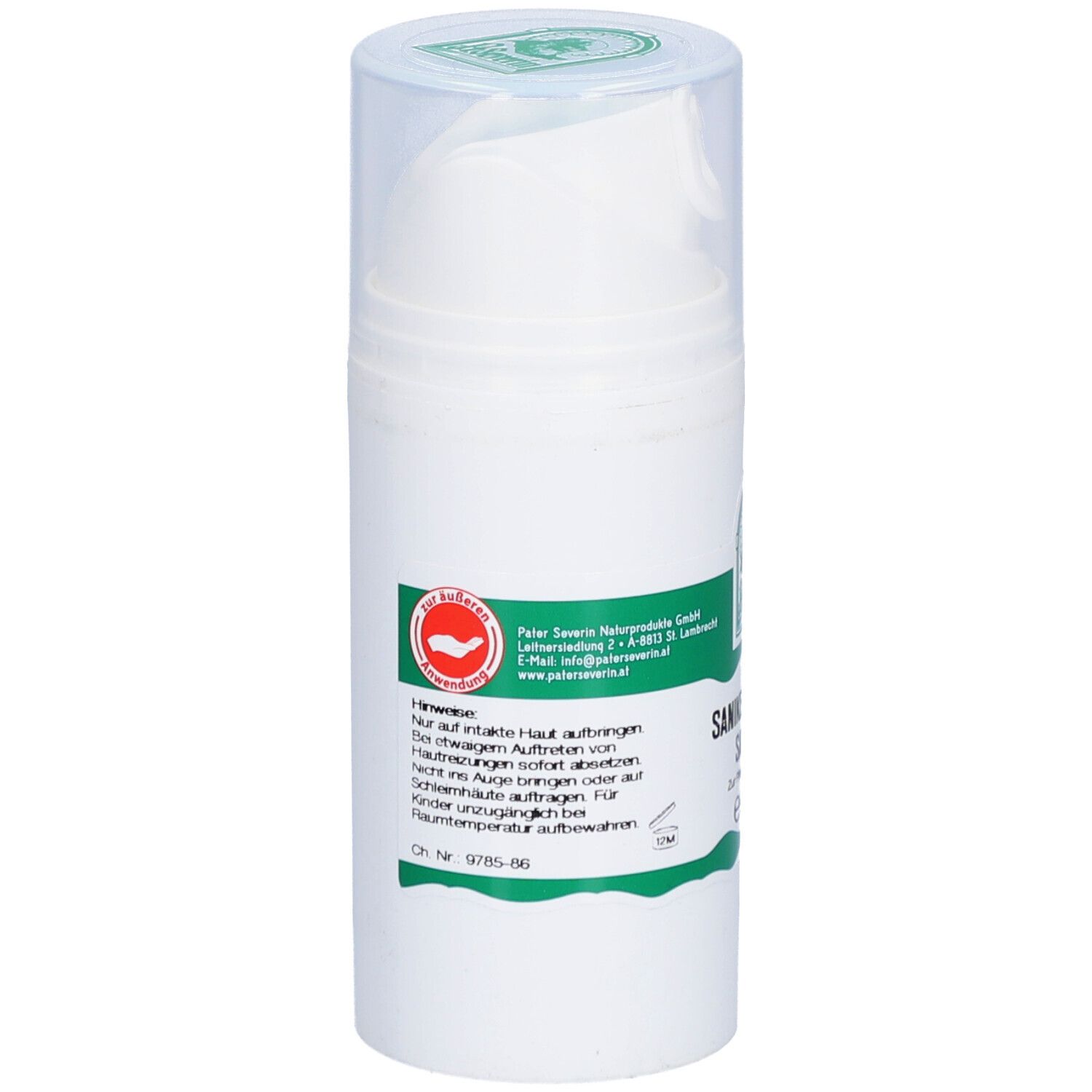 Tube blanc avec étiquette verte. Texte: Hinweise. Avec tête de dosage et couvercle transparent.