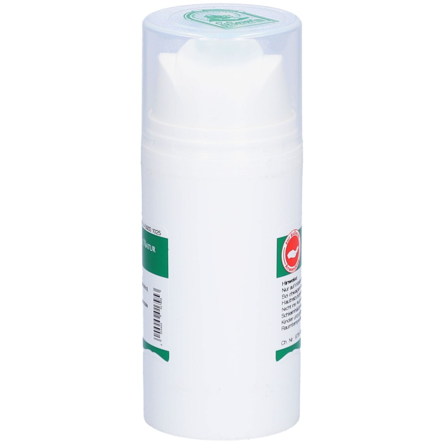 Tube blanc avec étiquette verte. Avec tête de dosage et couvercle transparent. Vue de côté.