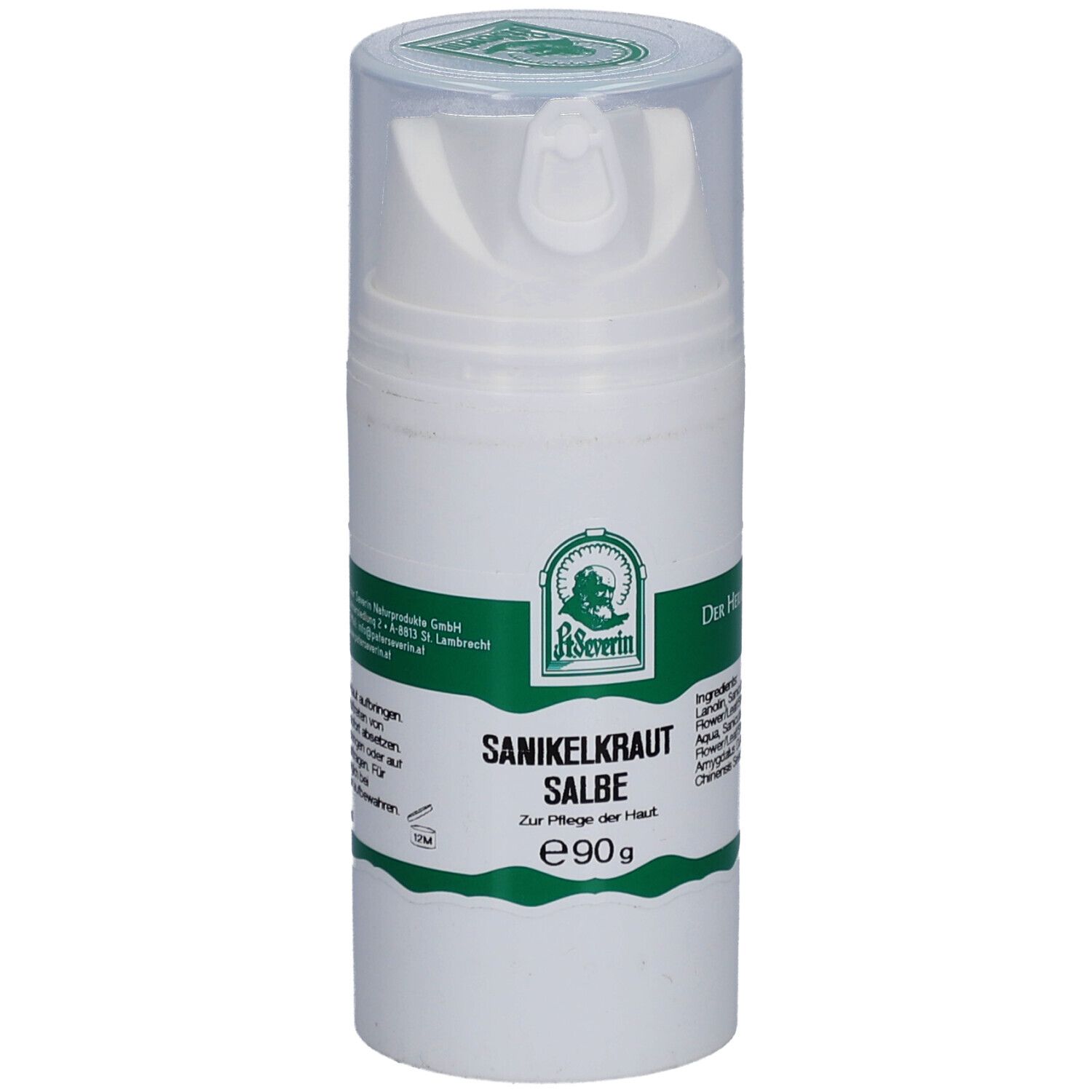 Tube blanc avec étiquette verte. Inscription: Sanikelkraut Salbe. Avec tête de dosage et couvercle transparent.