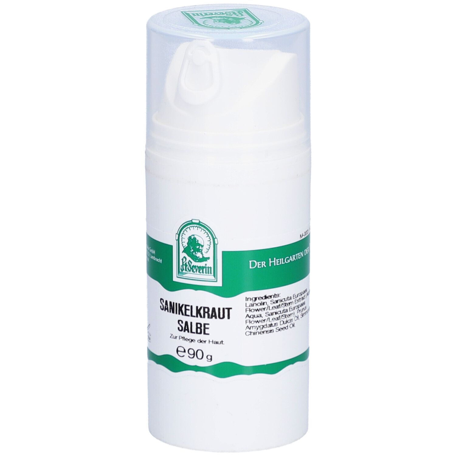 Tube blanc avec étiquette verte. Inscription: Sanikelkraut Salbe. Avec tête de dosage et couvercle transparent.