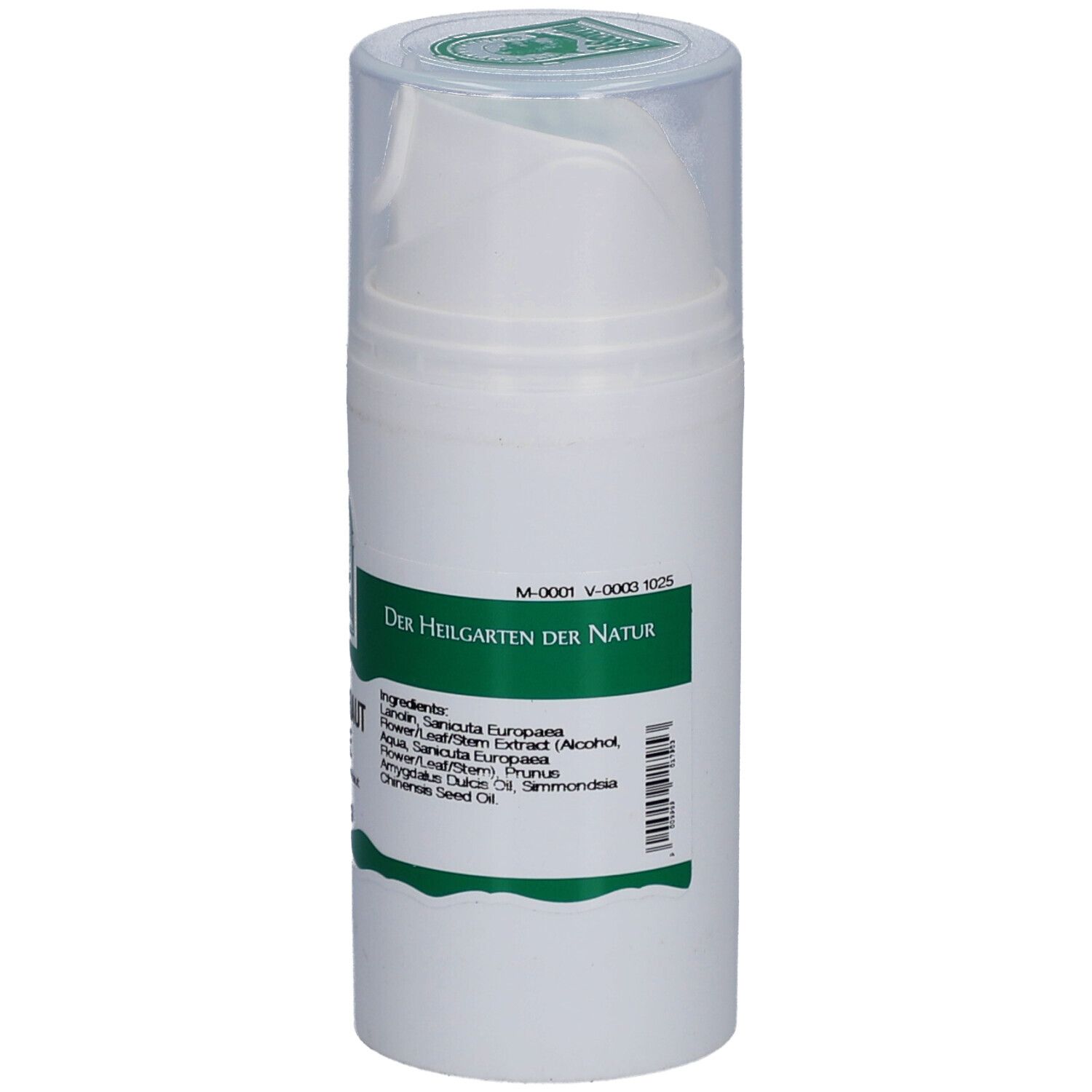 Tube blanc avec étiquette verte. Texte: Der Heilgarten der Natur. Avec tête de dosage et couvercle.