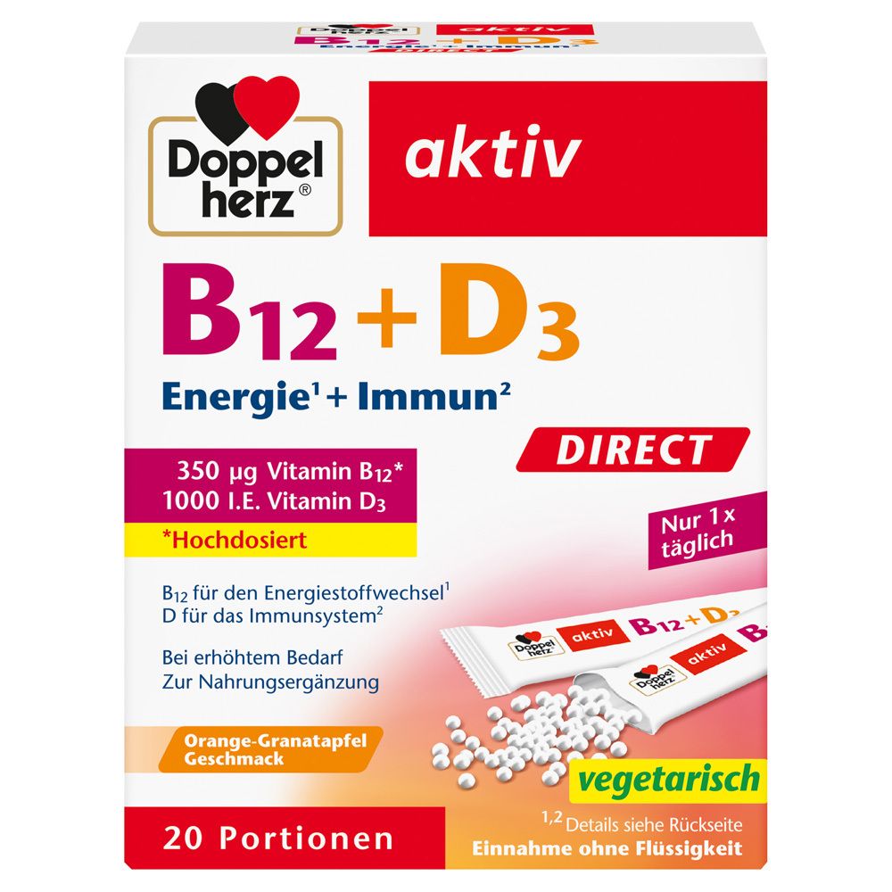 Emballage de Doppelherz aktiv B12 + D3 Direct. 20 portions. Prise directe sans liquide. Végétarien.