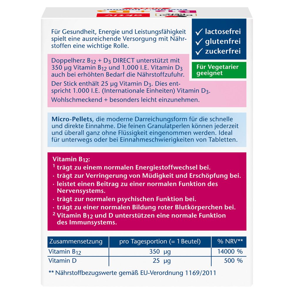 Dos de l'emballage Doppelherz aktiv B12 + D3 Direct. Informations sur les ingrédients, l'utilisation et la valeur nutritionnelle.