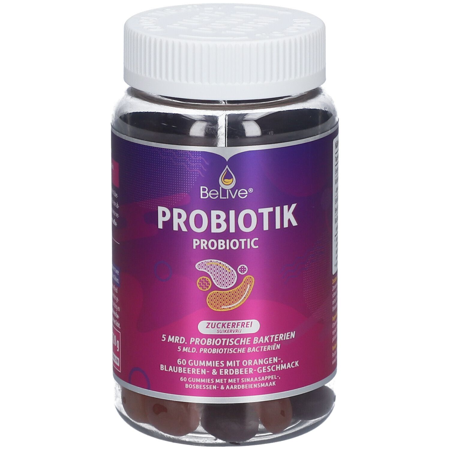 BeLive® PROBIOTIK-Flasche, Nahaufnahme. Zeigt Produktnamen, Logo und Gummis im Inneren. Weißer Deckel.