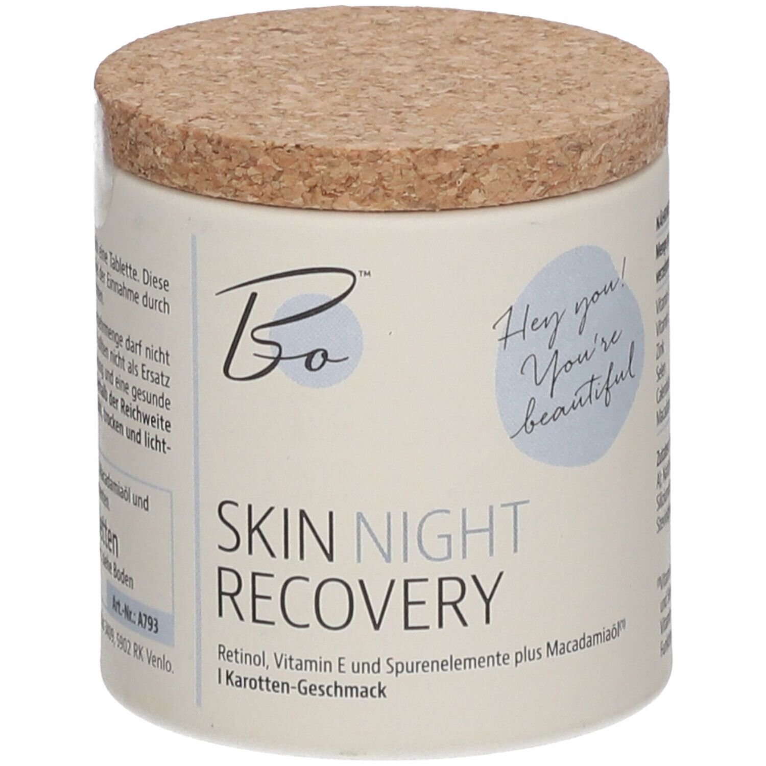 Beige Dose mit Korkdeckel. Aufschrift: SKIN NIGHT RECOVERY. Enthält Retinol, Vitamin E und Spurenelemente.
