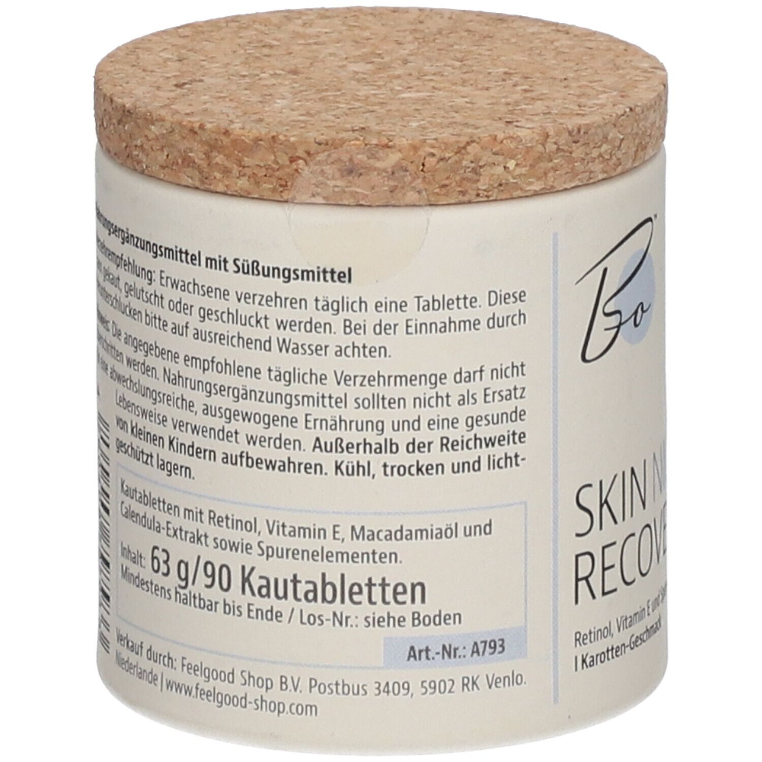 Beige Dose mit Korkdeckel. Text auf der Dose. Aufschrift: SKIN NIGHT RECOVERY. Enthält 63g/90 Kautabletten.