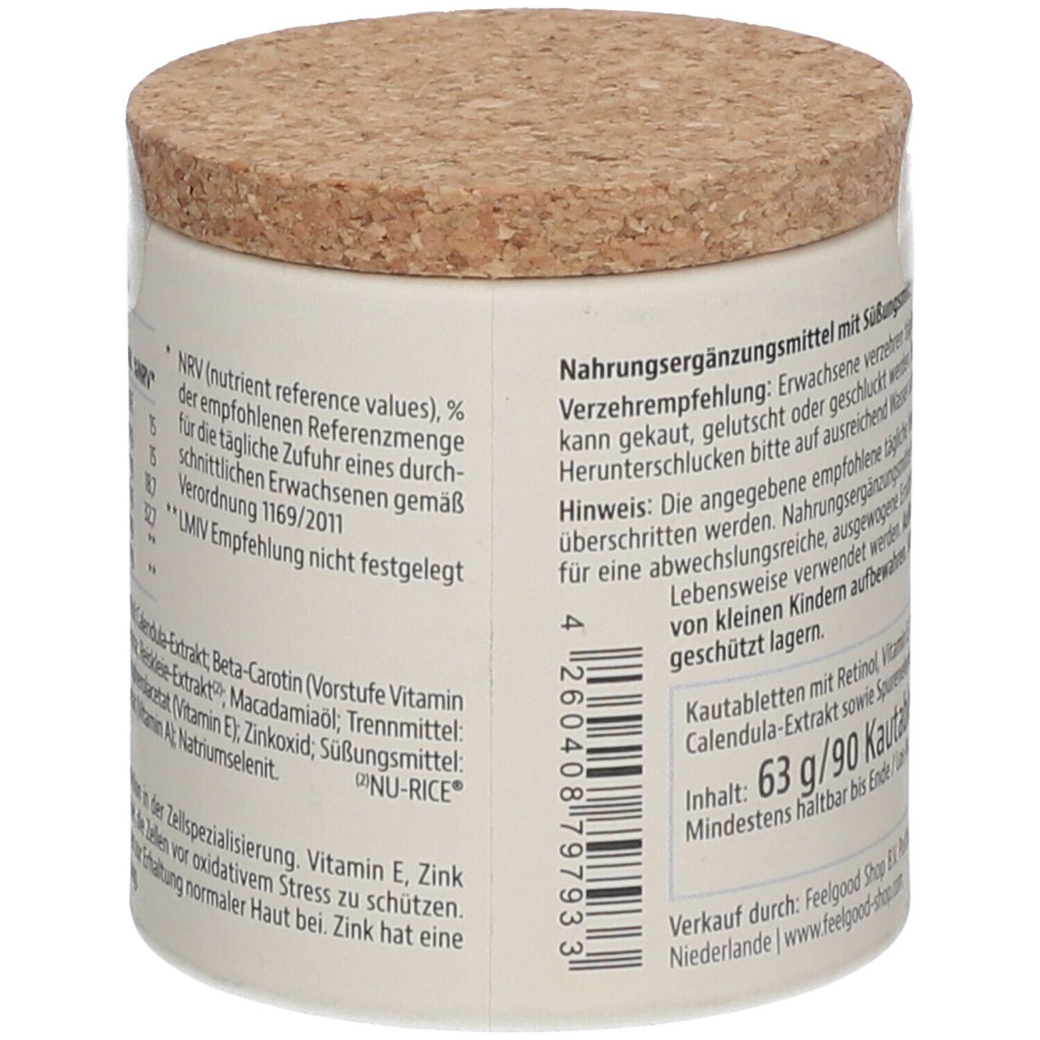 Beige Dose mit Korkdeckel. Text auf der Dose. Aufschrift: SKIN NIGHT RECOVERY. Enthält 63g/90 Kautabletten.