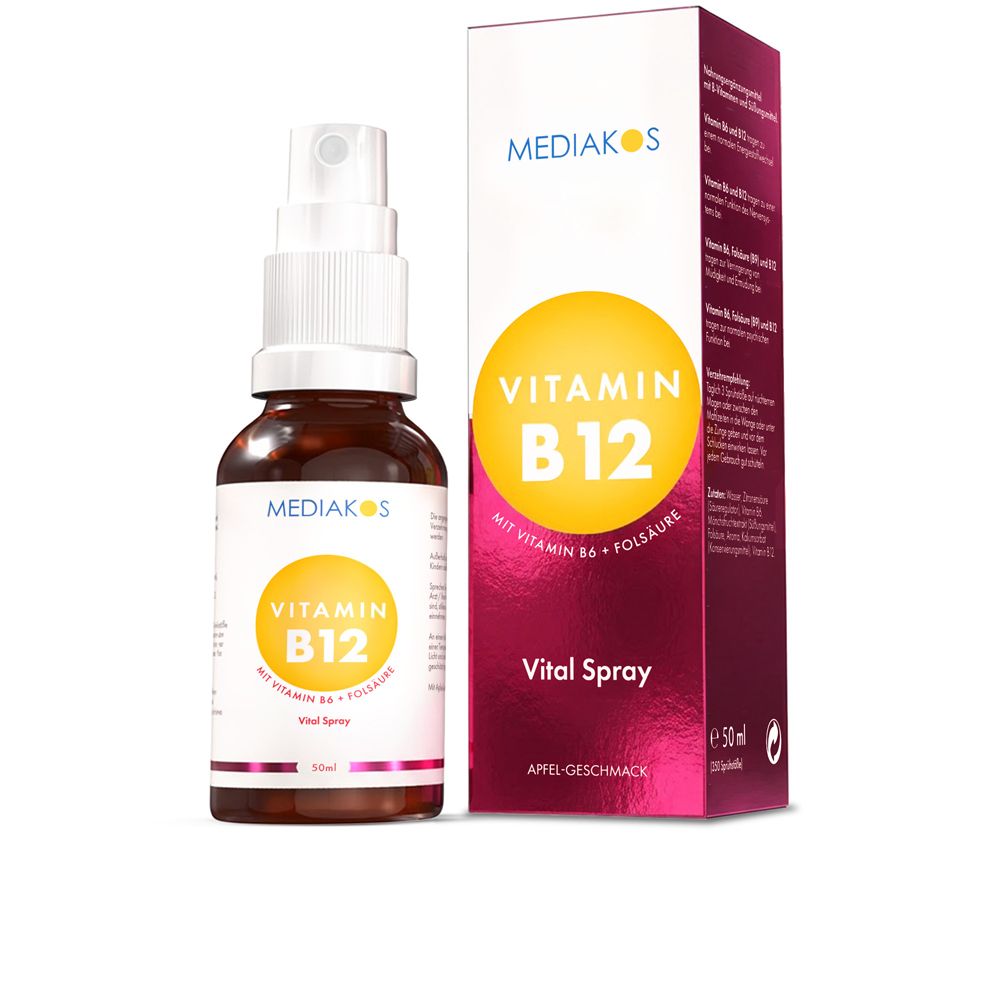 Mediakos Vitamin B12 Vital Spray Flasche mit Sprühkopf und Etikett.