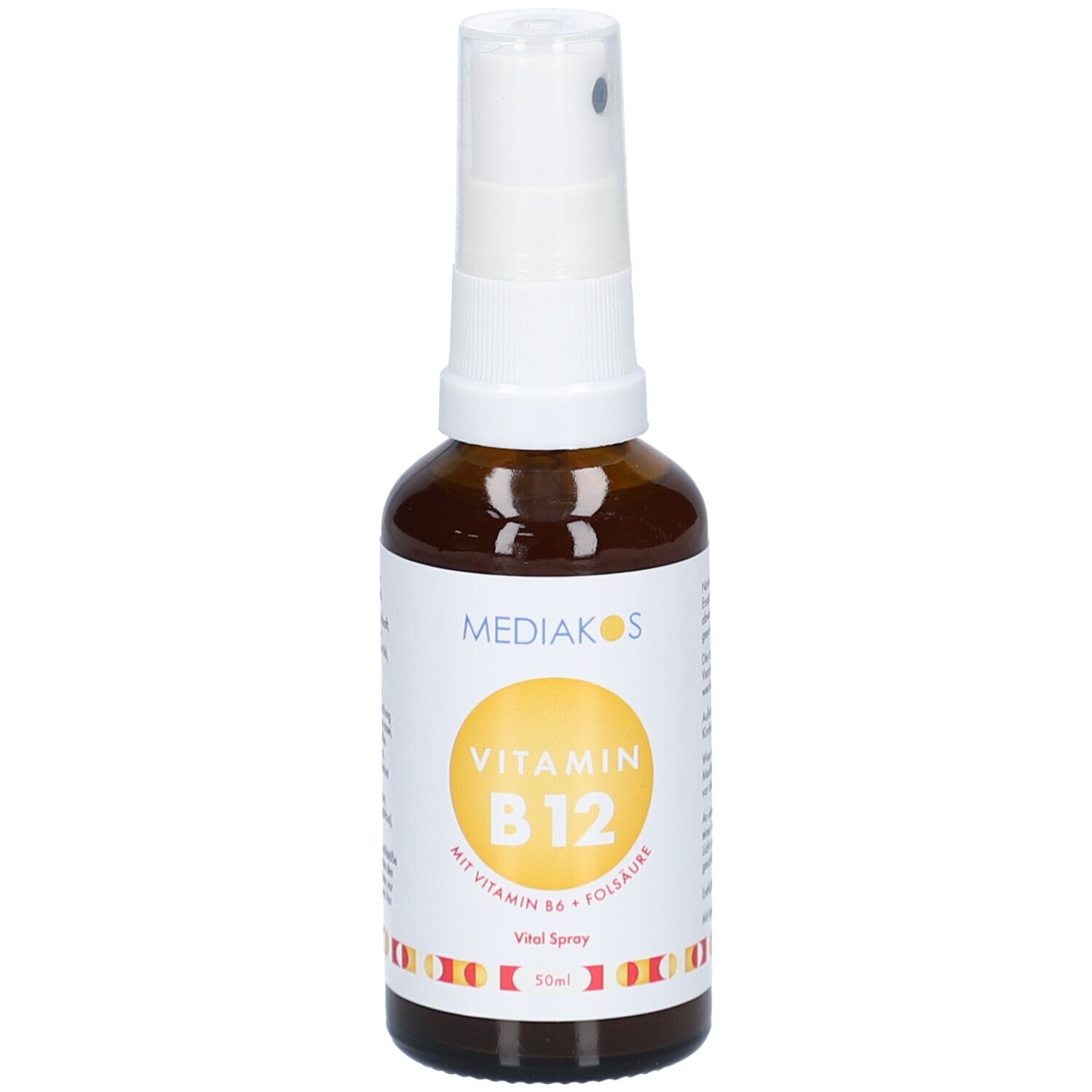 Flacon en verre brun avec pulvérisateur blanc. Étiquette avec cercle jaune et texte: Vitamine B12. Marque: Mediakos. Spray vital.