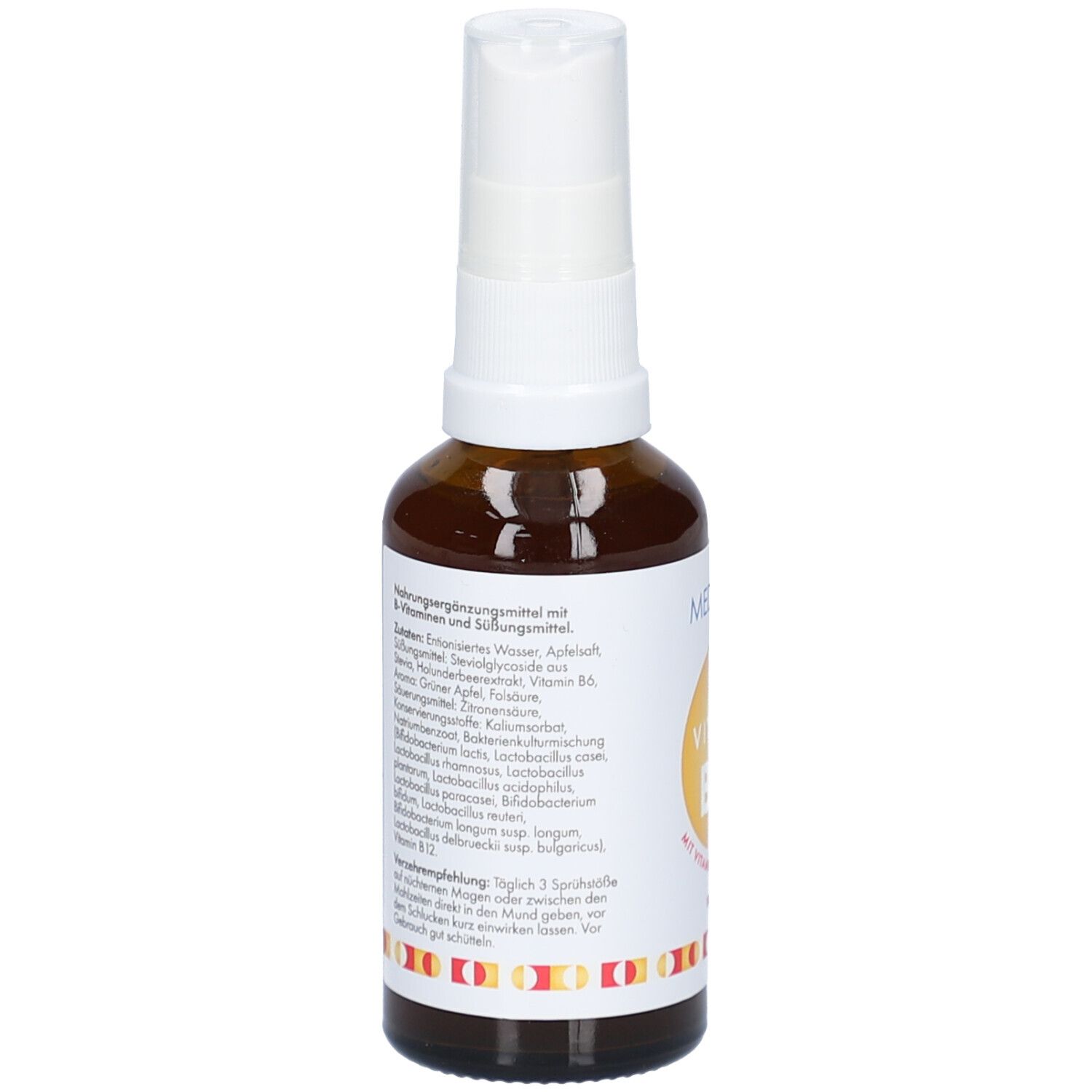 Flacon en verre brun avec pulvérisateur blanc. Dos avec texte. Marque: Mediakos. Spray vital. Étiquette avec cercle jaune et texte: Vitamine B12.
