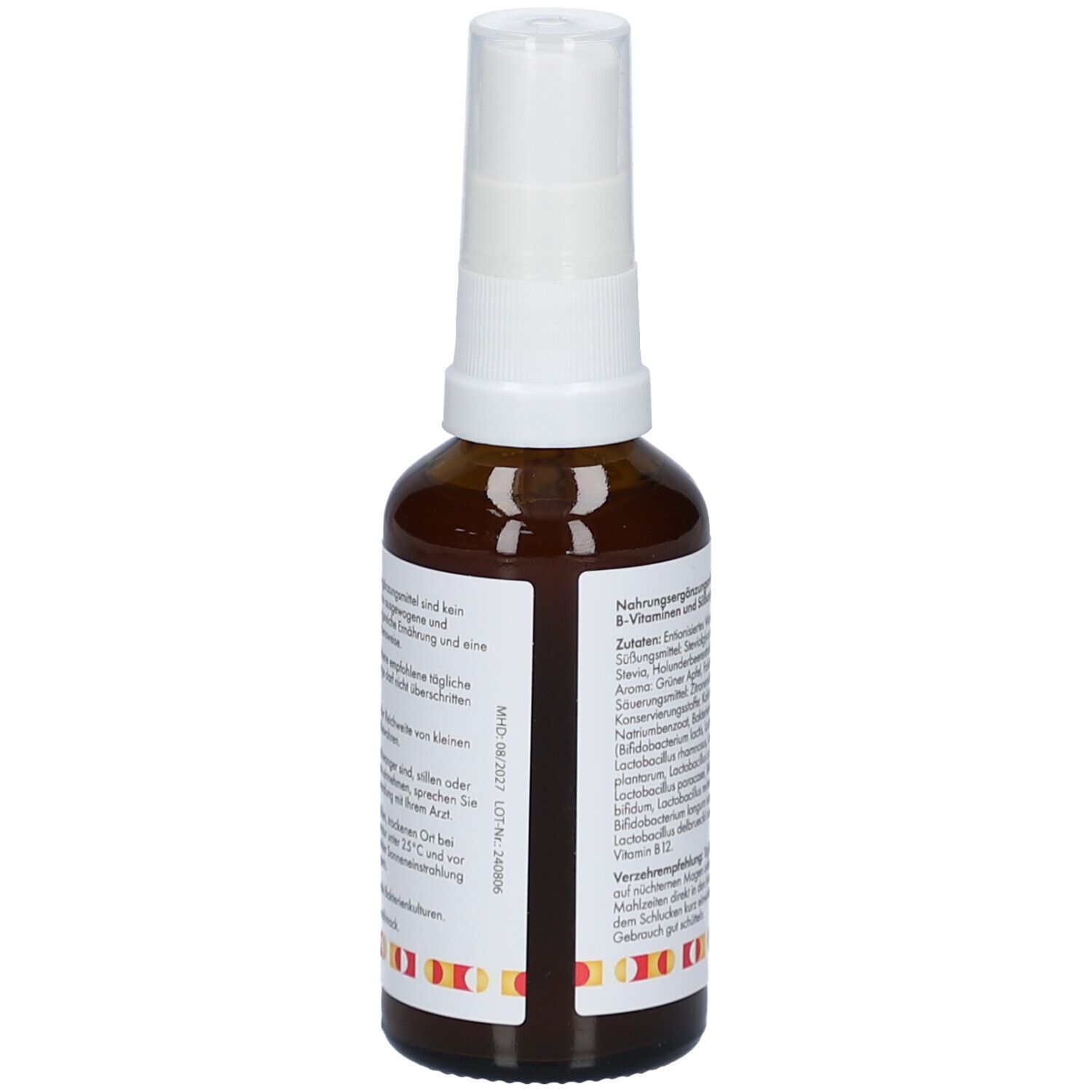 Flacon en verre brun avec pulvérisateur blanc. Dos avec texte. Marque: Mediakos. Spray vital. Étiquette avec cercle jaune et texte: Vitamine B12.