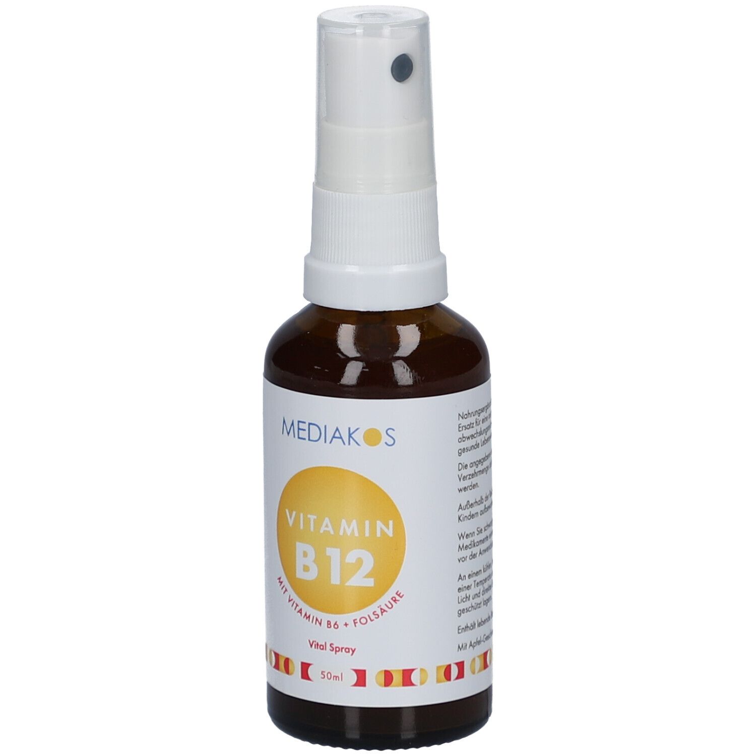 Flacon en verre brun avec pulvérisateur blanc. Étiquette avec cercle jaune et texte: Vitamine B12. Marque: Mediakos. Spray vital.