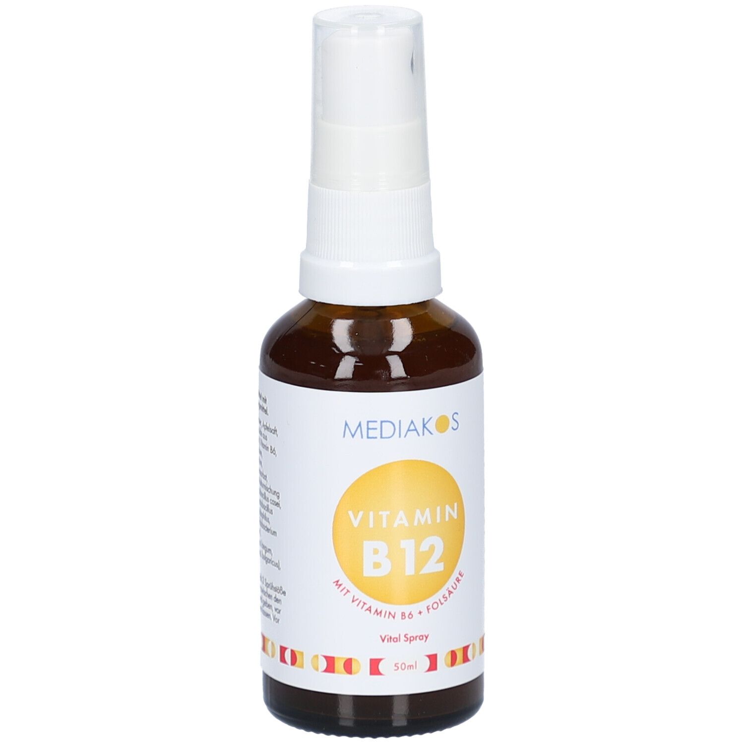 Flacon en verre brun avec pulvérisateur blanc. Étiquette avec cercle jaune et texte: Vitamine B12. Marque: Mediakos. Spray vital.