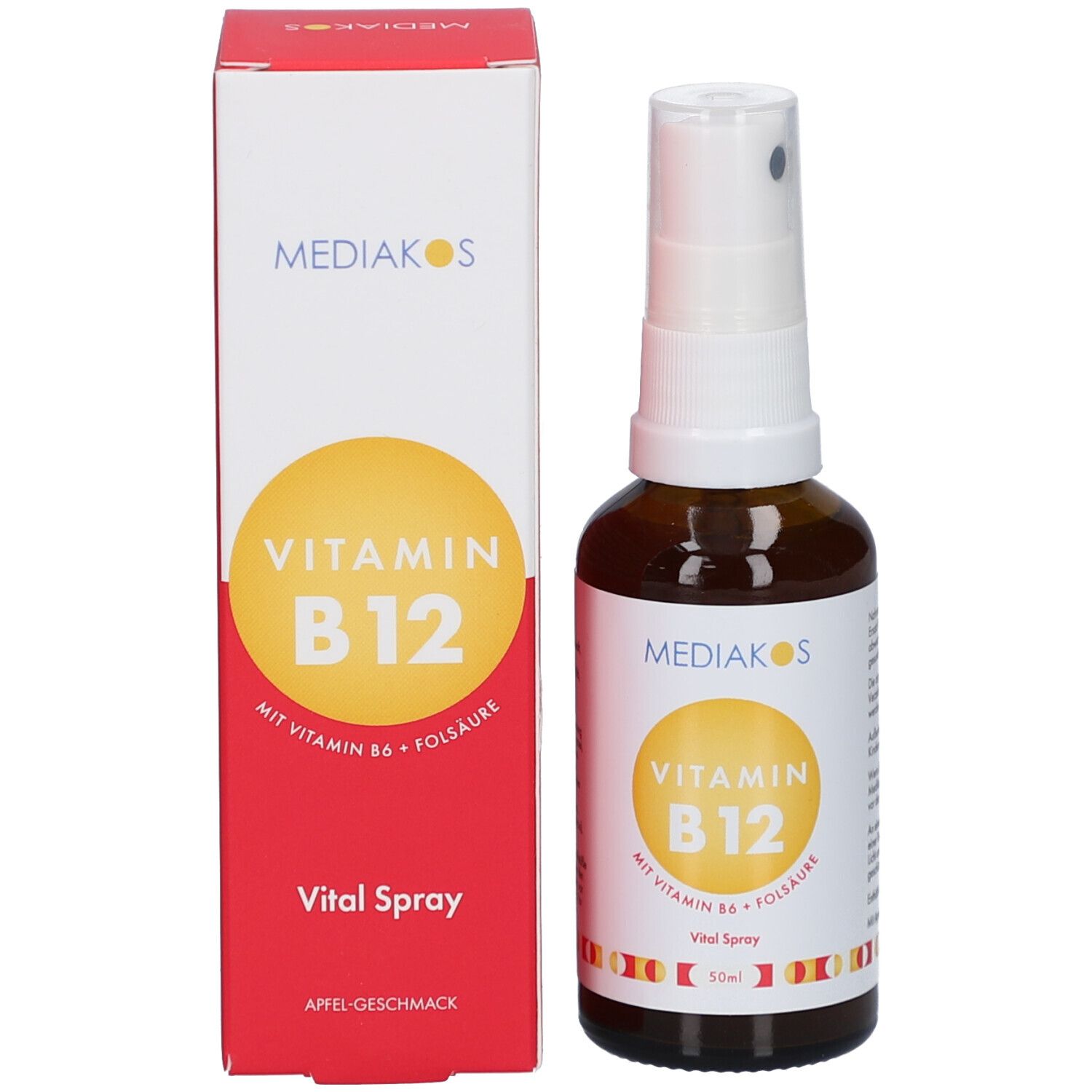 Emballage du produit: boîte rouge et flacon brun avec pulvérisateur blanc. Marque: Mediakos. Texte: Vitamine B12. Spray vital.
