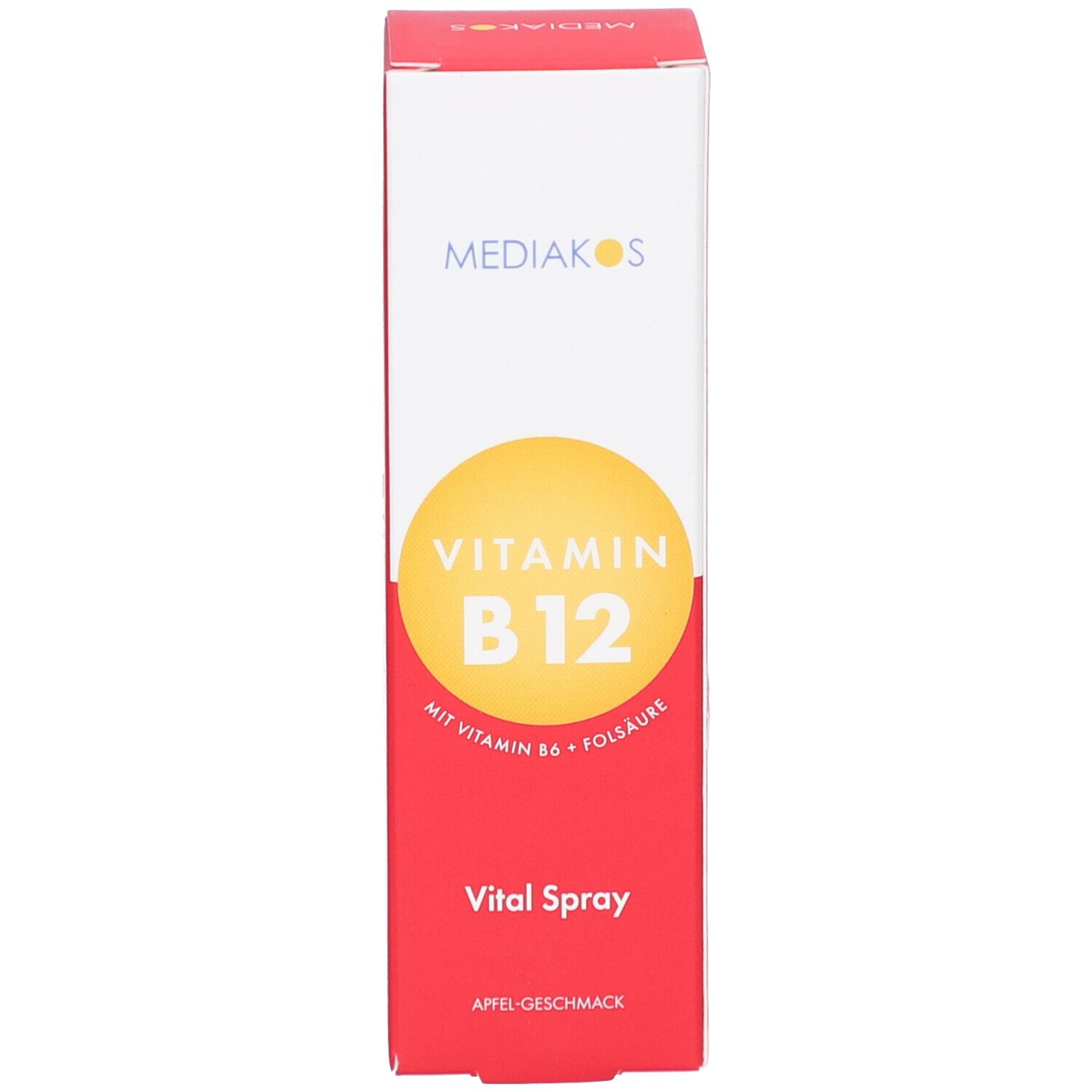 Emballage produit rouge avec cercle jaune et texte: Vitamine B12. Marque: Mediakos. Spray vital. Goût de pomme.