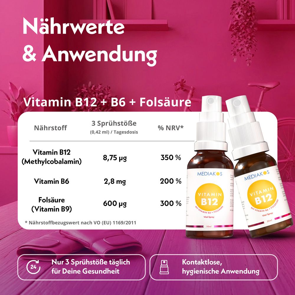 Mediakos Vitamin B12 Vital Spray Flasche mit Anwendungshinweisen.