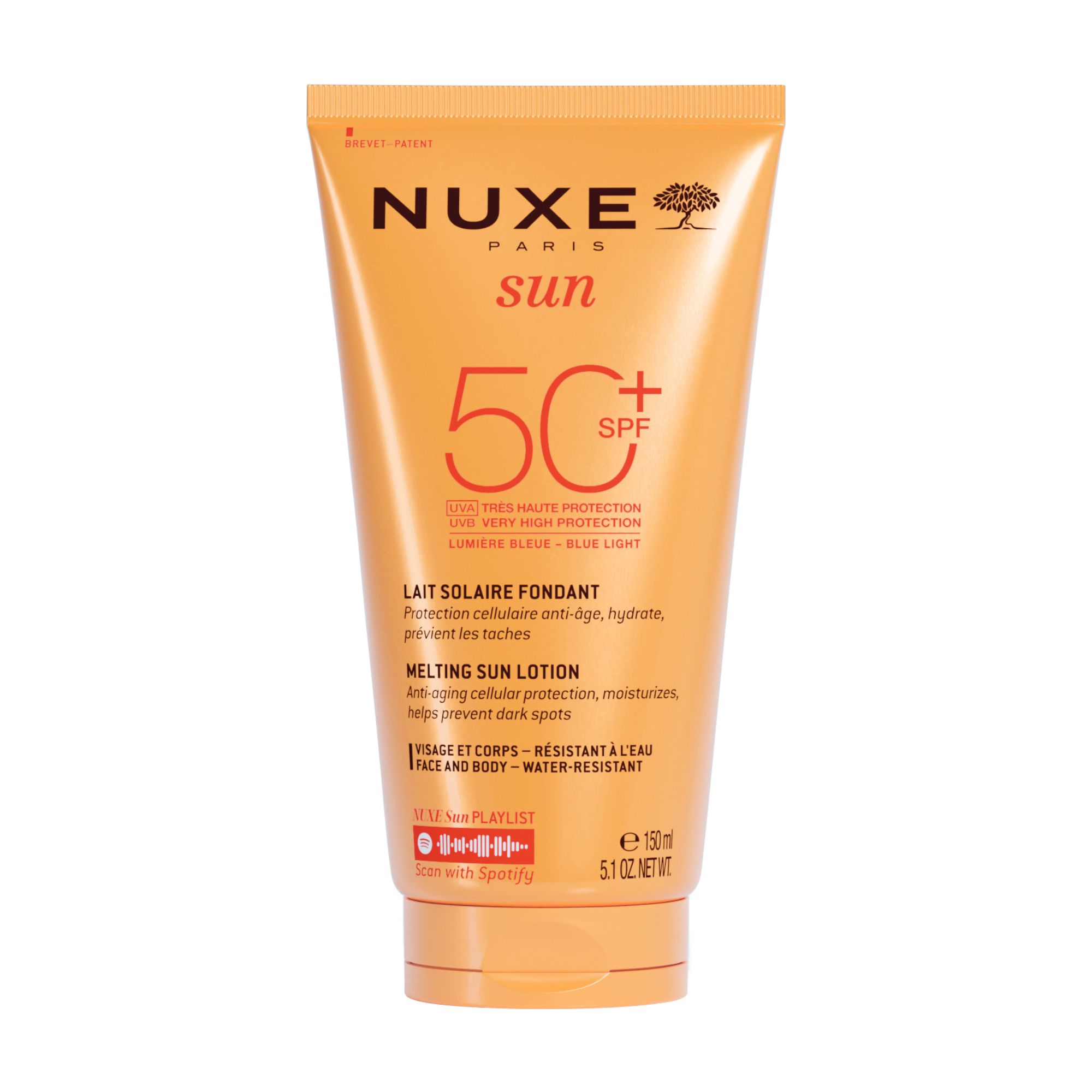 Tube de lait solaire orange NUXE Sun SPF 50. Lait Solaire Fondant. 150 ml.