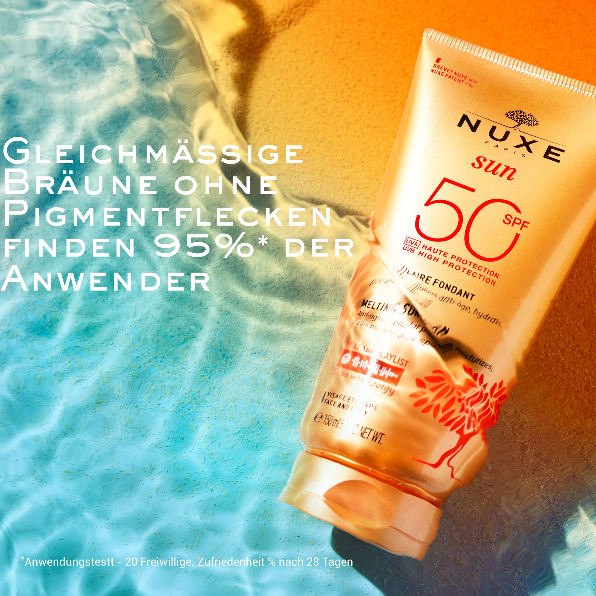 Tube de crème solaire NUXE Sun, SPF 50. Texte : Bronzage uniforme sans taches.