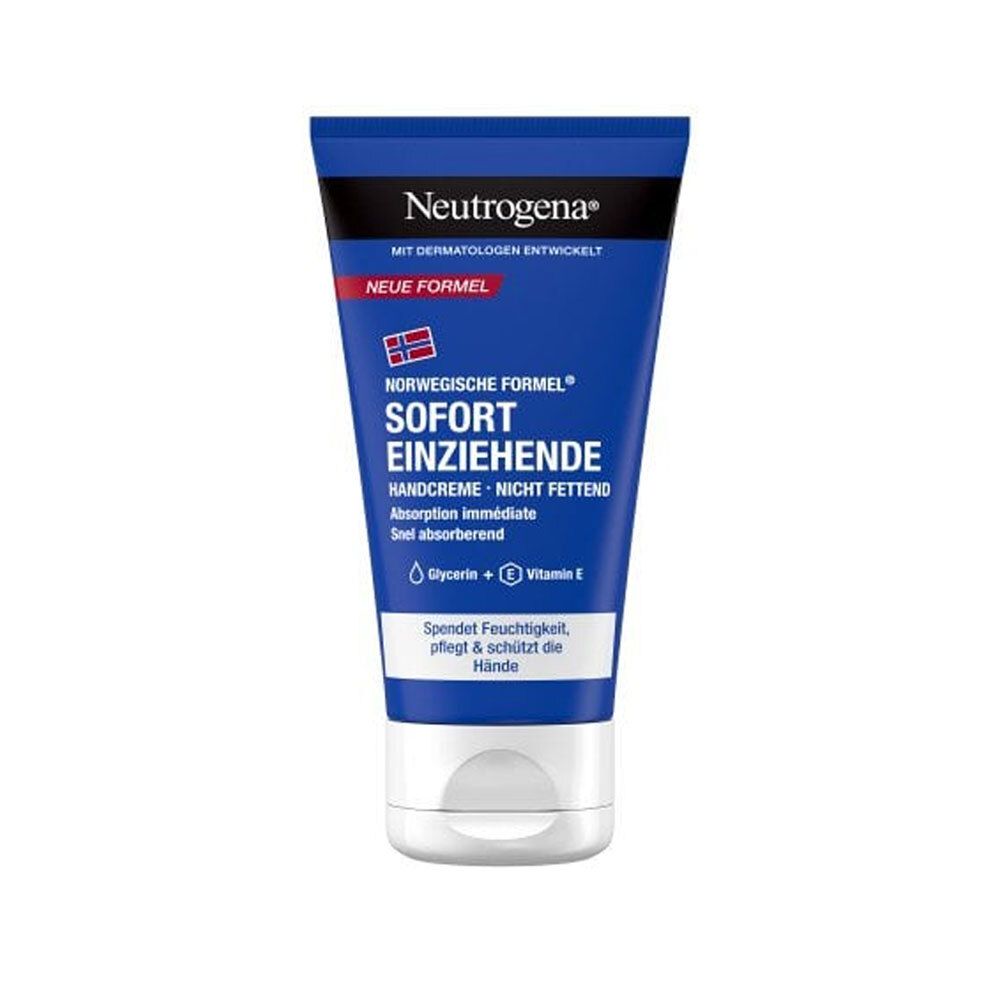 Blaue Tube mit weißem Verschluss. Text: Neutrogena, Norwegische Formel, Sofort einziehende Handcreme. Enthält Glycerin und Vitamin E.