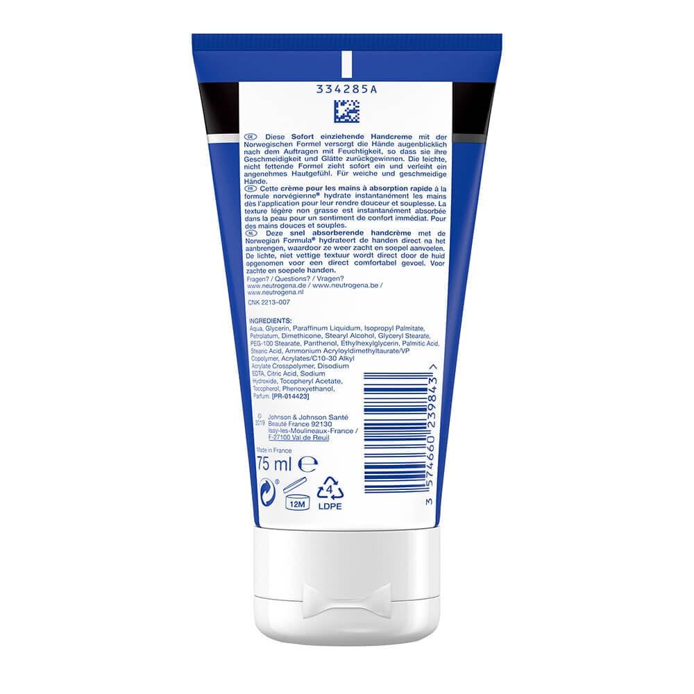 Rückseite der Handcreme-Tube. Text: Inhaltsstoffe, 75 ml, Recycling-Symbol. Enthält Informationen zur Anwendung und Hersteller.