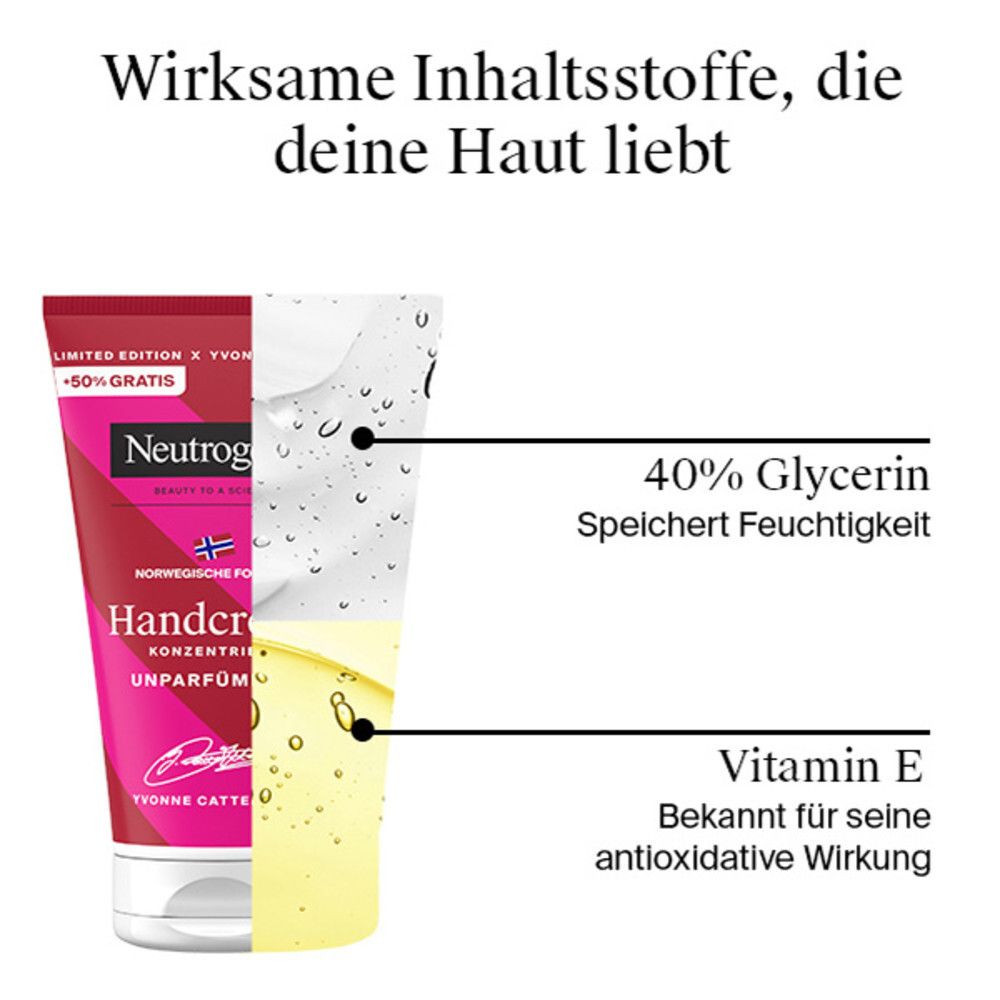 Tube de crème pour les mains, à côté, diagramme avec ingrédients: 40% Glycérine, Vitamine E. Texte: Ingrédients actifs.