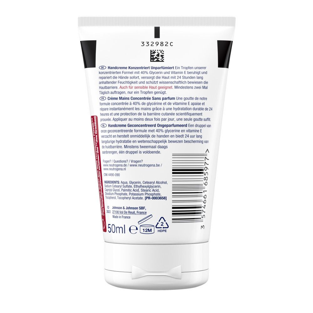 Rückseite der Neutrogena Handcreme Tube. Text, Inhaltsstoffe, 50ml, 12M Symbol.