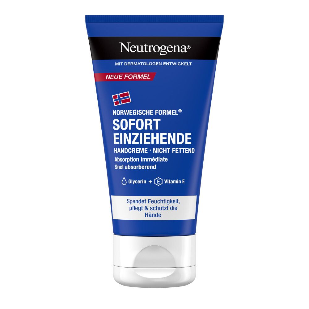 Tube bleu de crème pour les mains. Texte: Neutrogena, crème pour les mains, Glycérine + Vitamine E.