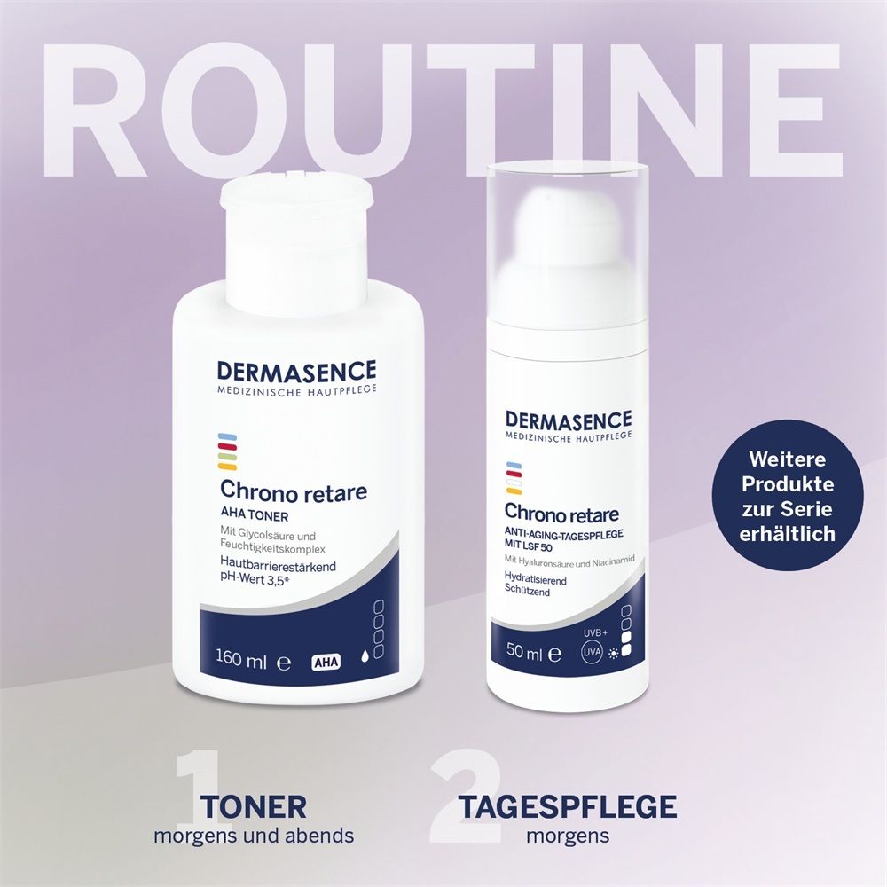 Zwei Dermasence Hautpflegeprodukte: ein Toner (160 ml) und eine Tagespflege (50 ml) mit Sonnenschutz.