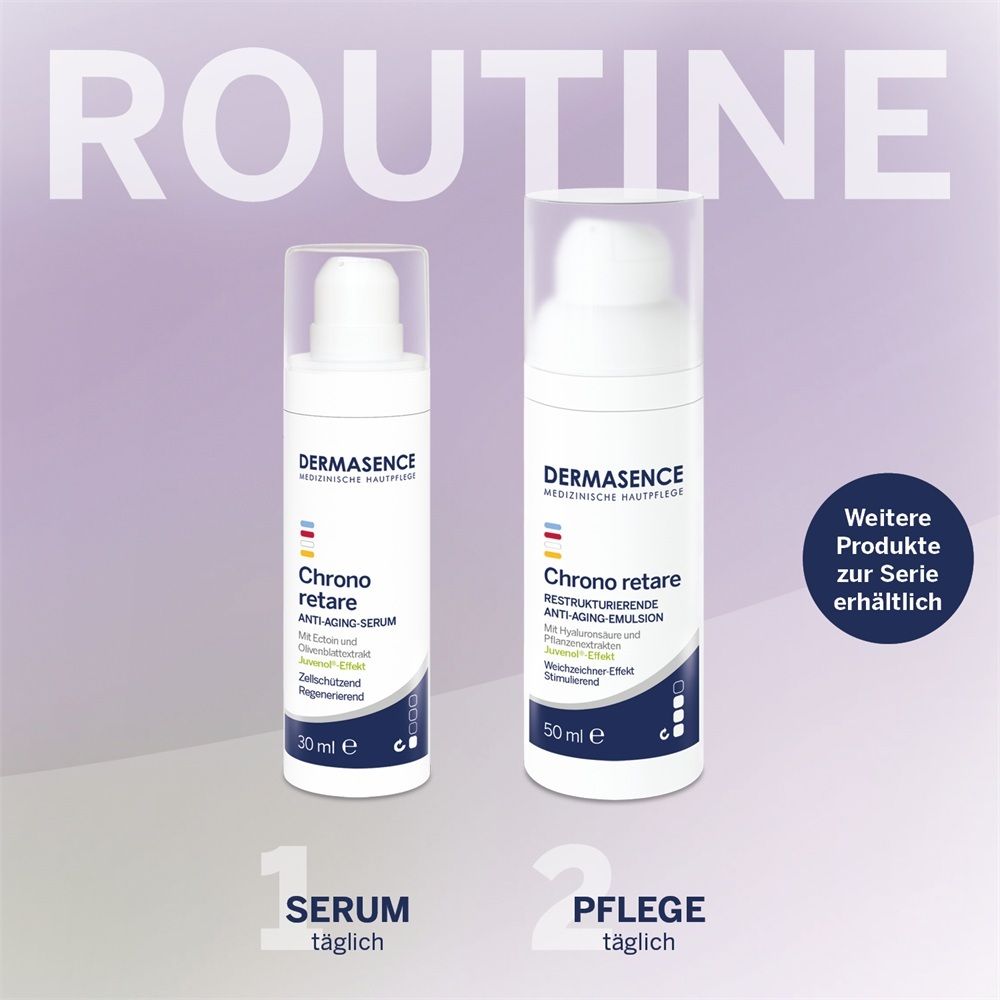 Zwei Dermasence Chrono retare Anti-Aging Produkte: Serum (30ml) und Emulsion (50ml).