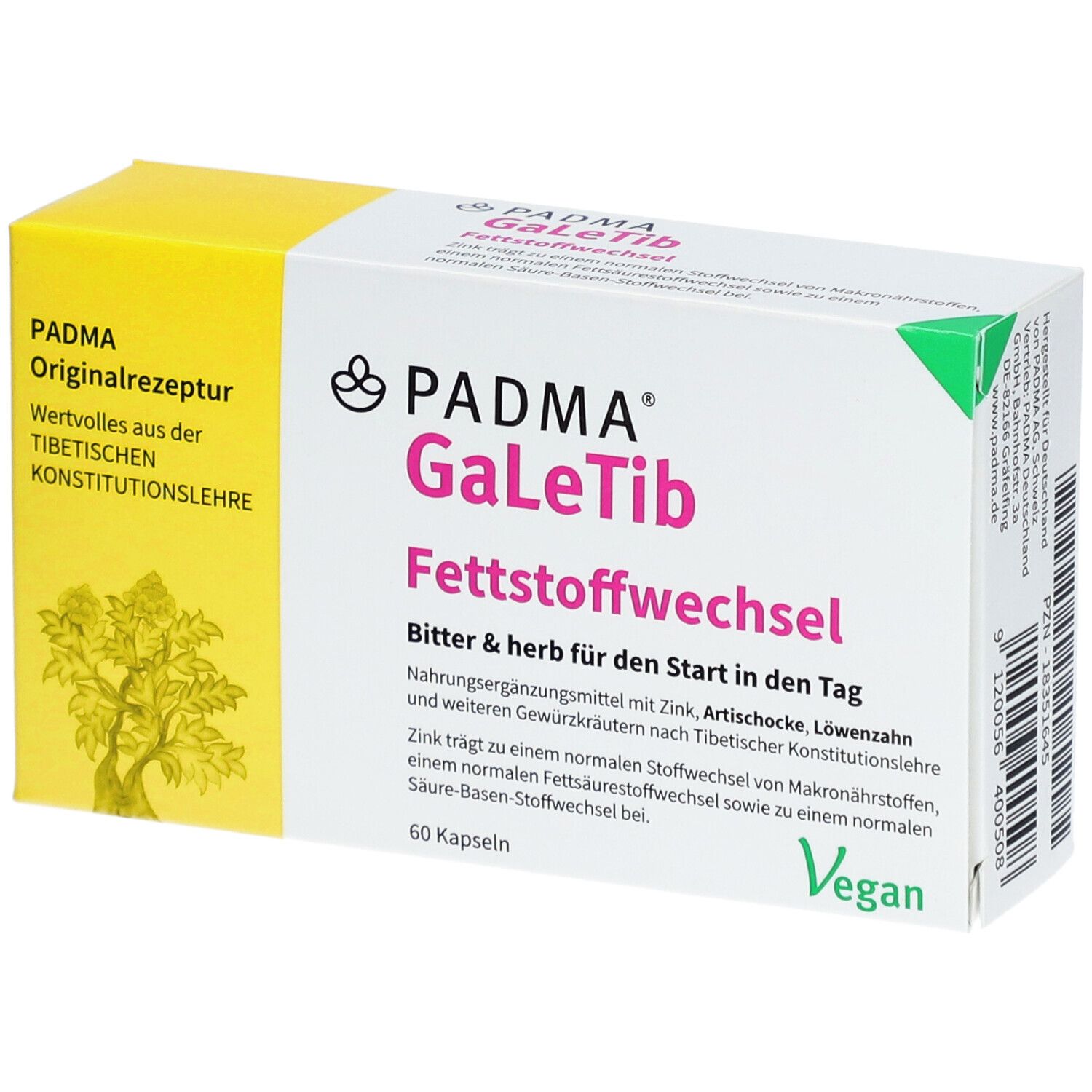 PADMA GaLeTib-Verpackung. Weiß und gelb. Text: Fettstoffwechsel, 60 Kapseln, Vegan. Logo und Schriftzug PADMA.