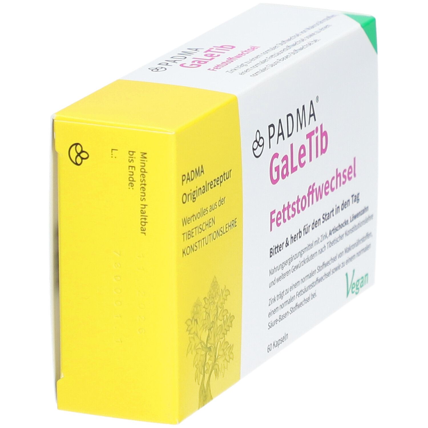 PADMA GaLeTib-Verpackung, gelb und weiß. Text: PADMA Originalrezeptur. Logo und Schriftzug PADMA. Eckige Form.